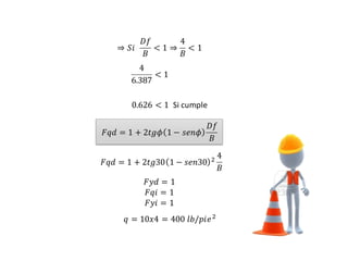 UNIVERSIDAD PRIVADA DE TACNA
𝐹𝑞𝑑 = 1 + 2𝑡𝑔𝜙 1 − 𝑠𝑒𝑛𝜙
𝐷𝑓
𝐵
𝐹𝑞𝑑 = 1 + 2𝑡𝑔30 1 − 𝑠𝑒𝑛30 2 4
𝐵
𝐹𝑦𝑑 = 1
𝐹𝑞𝑖 = 1
𝐹𝑦𝑖 = 1
𝑞 = 10𝑥4 = 400 𝑙𝑏/𝑝𝑖𝑒2
⇒ 𝑆𝑖
𝐷𝑓
𝐵
< 1 ⇒
4
𝐵
< 1
4
6.387
< 1
0.626 < 1 Si cumple
 