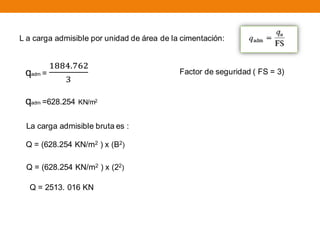 L a carga admisible por unidad de área de la cimentación:
qadm =
1884.762
3
Factor de seguridad ( FS = 3)
qadm =628.254 KN/m2
La carga admisible bruta es :
Q = (628.254 KN/m2 ) x (B2)
Q = (628.254 KN/m2 ) x (22)
Q = 2513. 016 KN
 