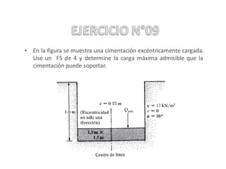 • En la figura se muestra una cimentación excéntricamente cargada.
Use un FS de 4 y determine la carga máxima admisible que la
cimentación puede soportar.
CIMENTACIONES
 