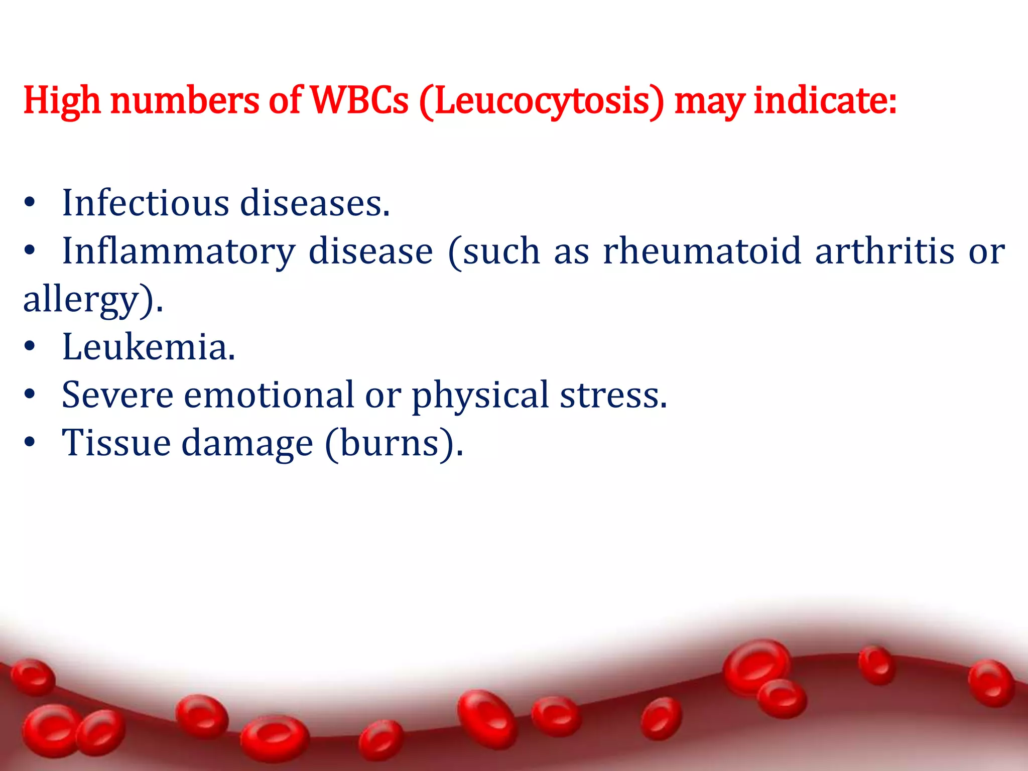 High numbers of WBCs (Leucocytosis) may indicate:
• Infectious diseases.
• Inflammatory disease (such as rheumatoid arthritis or
allergy).
• Leukemia.
• Severe emotional or physical stress.
• Tissue damage (burns).
 