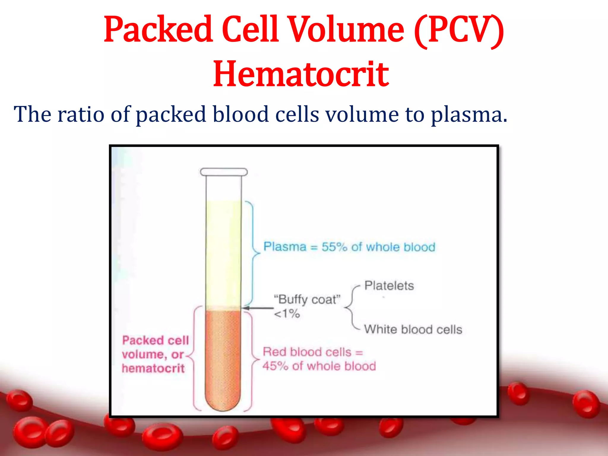 Packed Cell Volume (PCV)
Hematocrit
The ratio of packed blood cells volume to plasma.
 