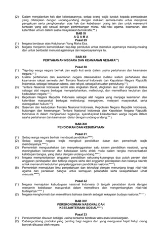 (2) Dalam menjalankan hak dan kebebasannya, setiap orang wajib tunduk kepada pembatasan
yang ditetapkan dengan undang-undang dengan maksud semata-mata untuk menjamin
pengakuan serta penghormatan atas hak dan kebebasan orang lain dan untuk memenuhi
tuntutan yang adil sesuai dengan pertimbangan moral, nilai-nilai agama, keamanan, dan
ketertiban umum dalam suatu masyarakat demokratis.** )
BAB XI
A G A M A
Pasal 29
(1) Negara berdasar atas Ketuhanan Yang Maha Esa.
(2) Negara menjamin kemerdekaan tiap-tiap penduduk untuk memeluk agamanya masing-masing
dan untuk beribadat menurut agamanya dan kepercayaannya itu.
BAB XII
PERTAHANAN NEGARA DAN KEAMANAN NEGARA**)
Pasal 30
(1) Tiap-tiap warga negara berhak dan wajib ikut serta dalam usaha pertahanan dan keamanan
negara.** )
(2) Usaha pertahanan dan keamanan negara dilaksanakan melalui sistem pertahanan dan
keamanan rakyat semesta oleh Tentara Nasional Indonesia dan Kepolisian Negara Republik
Indonesia, sebagai kekuatan utama, dan rakyat, sebagai kekuatan pendukung.**)
(3) Tentara Nasional Indonesia terdiri atas Angkatan Darat, Angkatan laut dan Angkatan Udara
sebagai alat negara bertugas mempertahankan, melindungi, dan memelihara keutuhan dan
kedaulatan negara.** )
(4) Kepolisian Negara Republik Indonesia sebagai alat negara yang menjaga keamanan dan
ketertiban masyarakat bertugas melindungi, mengayomi, melayani masyarakat, serta
menegakkan hukum.**)
(5) Susunan dan kedudukan Tentara Nasional Indonesia, Kepolisian Negara Republik Indonesia,
hubungan dan kewenangan Tentara Nasional Indonesia dan Kepolisian Negara Republik
Indonesia di dalam menjalankan tugasnya, syarat-syarat keikutsertaan warga negara dalam
usaha pertahanan dan keamanan diatur dengan undang-undang.** )
BAB XIII
PENDIDIKAN DAN KEBUDAYAAN
Pasal 31
(1) Setiap warga negara berhak mendapat pendidikan****)
(2) Setiap warga negara wajib mengikuti pendidikan dasar dan pemerintah wajib
membiayainya.****)
(3) Pemerintah mengusahakan dan menyelenggarakan satu sistem pendidikan nasional, yang
meningkatkan keimanan dan ketakwaan serta ahlak mulia dalam rangka mencerdaskan
kehidupan bangsa, yang diatur dengan undang-undang.****)
(4) Negara memprioritaskan anggaran pendidikan sekurang-kurangnya dua puluh persen dari
anggaran pendapatan dan belanja negara serta dari anggaran pendapatan dan belanja daerah
untuk memenuhi kebutuhan penyelenggaraan pendidikan nasional.****)
(5) Pemerintah memajukan ilmu pengetahuan dan teknologi dengan menunjang tinggi nilai-nilai
agama dan persatuan bangsa untuk kemajuan peradaban serta kesejahteraan umat
manusia.****)
Pasal 32
(1) Negara memajukan kebudayaan nasional Indonesia di tengah peradaban dunia dengan
menjamin kebebasan masyarakat dalam memelihara dan mengembangkan nilai-nilai
budayanya.**** )
(2) Negara menghormati dan memelihara bahasa daerah sebagai kekayaan budaya nasional.**** )
BAB XIV
PEREKONOMIAN NASIONAL DAN
KESEJAHTERAAN SOSIAL****)
Pasal 33
(1) Perekonomian disusun sebagai usaha bersama berdasar atas asas kekeluargaan.
(2) Cabang-cabang produksi yang penting bagi negara dan yang menguasai hajat hidup orang
banyak dikuasai oleh negara.
 