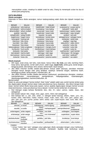 menunjukkan urutan, misalnya Ia adalah anak ke satu, Orang itu menempati urutan ke dua di
antara para pengunjung.
KATA MAJEMUK
Ditulis serangkai
Kata-kata ini harus ditulis serangkai, namun kadang-kadang salah ditulis dan dipisah menjadi dua
kata.
BENAR SALAH BENAR SALAH BENAR SALAH
adakalanya ada kalanya halalbihalal halal bihalal puspawarna puspa warna
akhirulkalam akhirul kalam hulubalang hulu baling radioaktif radio aktif
alhamdulillah alham dulillah kacamata kaca mata sastramarga sastra marga
apabila apa bila kasatmata kasat mata saputangan sapu tangan
astagfirullah astag firullah kepada ke pada saripati sari pati
bagaimana bagai mana keratabasa kerata basa sebagaimana sebagai mana
barangkali barang kali kosakata kosa kata sediakala sedia kala
bilamana bila mana lokakarya loka karya segitiga segi tiga
bismillah bis millah manakala mana kala silaturahmi silatu rahmi
beasiswa bea siswa manasuka mana suka sukacita suka cita
belasungkawa bela sungkawa mangkubumi mangku bumi sukarela suka rela
bumiputra bumi putra marabahaya mara bahaya sukaria suka ria
daripada dari pada matahari mata hari syahbandar syah bandar
darmabakti darma bakti olahraga olah raga titimangsa titi mangsa
darmasiswa darma siswa padahal pada hal wali kota walikota[1]
dukacita duka cita paramasastra parama sastra wasalam wa salam
Ditulis terpisah
• Alih tugas, anak emas, beri tahu, duta besar, hancur lebur, ibu kota, juru tulis, kambing hitam,
kerja sama, lipat ganda, rumah sakit umum, salah duga, sepak bola, serba guna, tanda tangan,
tanggung jawab, tata bahasa, temu wicara, terima kasih, tepuk tangan,
• Jika diberi imbuhan konfiks awalan atau akhiran (hanya salah satunya), penulisan imbuhan
dirangkai hanya dengan kata yang terdekat, misalnya: bertanda tangan, berterima kasih,
bertanggung jawab, tanda tangani, memberi tahu, dll.
• Jika diberi imbuhan konfiks awalan dan akhiran (keduanya), penulisannya dirangkai, misalnya:
memberitahukan, menandatangani, pemberitahuan, melipatgandakan, kutandatangani,
dipertanggungjawabkan, kauhancurleburkan, dll.
Bentuk terikat
Selain itu ada pula kategori 'bentuk terikat'. Kata "antar" adalah salah satu contoh bentuk terikat yang
jika digabungkan dengan bentuk dasar maka penulisannya harus disatukan. Jika diikuti dengan kata
dasar, bentuk terikat ditulis tanpa jeda (spasi), namun apabila digabungkan dengan bentuk turunan
(kata berimbuhan), maka penulisannya harus dipisah. Contoh bentuk terikat lain di antaranya:
• Dari bilangan angka bahasa Sanskerta: eka-, dwi-, tri-, catur-, panca-, sapta-, dasa-, dan
sebagainya
• Dari awalan satuan: kilo-, mega-, tera-, giga-, senti-, mikro- dan sebagainya
• Dari bahasa lain: a-, adi-, anti-, antar-, e- (dengan tanda hubung), ekstra-, hiper-, juru-, ko-,
kontra-, infra-, inter-/intra-, maha-, manca-, mara-, multi-, nara-, neo-, non-, pan-, pasca-, per-,
peri-, poli-, pra-, pro-, purna-, purwa-, semi-, serba-, sub-, super-/supra-, swa-, tuna-, tele-, wira-,
dan sebagainya.
BENAR SALAH BENAR SALAH BENAR SALAH
amoral a moral mahaagung maha agung pascapanen pasca panen
asusila a susila
maha
pengasih
mahapengasih1
semiprofesional
semi
profesional
antarnegara antar negara nonblok non blok subbagian sub bagian
antarwarga antar warga
non-
Indonesia
non Indonesia2
supersibuk super sibuk
ekstrakurikuler
ekstra
kurikuler
perilaku peri laku tunakarya tuna karya
kontrarevolusi
kontra
revolusi
peri keadilan perikeadilan1
ultramodern ultra modern
Catatan:
1
) Unsur 'maha-' dan 'peri-' sebagai unsur gabungan ditulis serangkai dengan unsur berikutnya.
Contoh: perilaku, peribahasa, mahabaik, mahakasih. Apabila kata berikutnya sudah
 