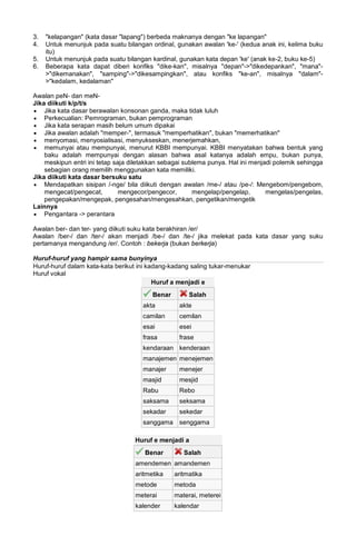 3. "kelapangan" (kata dasar "lapang") berbeda maknanya dengan "ke lapangan"
4. Untuk menunjuk pada suatu bilangan ordinal, gunakan awalan 'ke-' (kedua anak ini, kelima buku
itu)
5. Untuk menunjuk pada suatu bilangan kardinal, gunakan kata depan 'ke' (anak ke-2, buku ke-5)
6. Beberapa kata dapat diberi konfiks "dike-kan", misalnya "depan"->"dikedepankan", "mana"-
>"dikemanakan", "samping"->"dikesampingkan", atau konfiks "ke-an", misalnya "dalam"-
>"kedalam, kedalaman"
Awalan peN- dan meN-
Jika diikuti k/p/t/s
• Jika kata dasar berawalan konsonan ganda, maka tidak luluh
• Perkecualian: Pemrograman, bukan pemprograman
• Jika kata serapan masih belum umum dipakai
• Jika awalan adalah "memper-", termasuk "memperhatikan", bukan "memerhatikan"
• menyomasi, menyosialisasi, menyukseskan, menerjemahkan,
• memunyai atau mempunyai, menurut KBBI mempunyai. KBBI menyatakan bahwa bentuk yang
baku adalah mempunyai dengan alasan bahwa asal katanya adalah empu, bukan punya,
meskipun entri ini tetap saja diletakkan sebagai sublema punya. Hal ini menjadi polemik sehingga
sebagian orang memilih menggunakan kata memiliki.
Jika diikuti kata dasar bersuku satu
• Mendapatkan sisipan /-nge/ bila diikuti dengan awalan /me-/ atau /pe-/: Mengebom/pengebom,
mengecat/pengecat, mengecor/pengecor, mengelap/pengelap, mengelas/pengelas,
pengepakan/mengepak, pengesahan/mengesahkan, pengetikan/mengetik
Lainnya
• Pengantara -> perantara
Awalan ber- dan ter- yang diikuti suku kata berakhiran /er/
Awalan /ber-/ dan /ter-/ akan menjadi /be-/ dan /te-/ jika melekat pada kata dasar yang suku
pertamanya mengandung /er/. Contoh : bekerja (bukan berkerja)
Huruf-huruf yang hampir sama bunyinya
Huruf-huruf dalam kata-kata berikut ini kadang-kadang saling tukar-menukar
Huruf vokal
Huruf a menjadi e
Benar Salah
akta akte
camilan cemilan
esai esei
frasa frase
kendaraan kenderaan
manajemen menejemen
manajer menejer
masjid mesjid
Rabu Rebo
saksama seksama
sekadar sekedar
sanggama senggama
Huruf e menjadi a
Benar Salah
amendemen amandemen
aritmetika aritmatika
metode metoda
meterai materai, meterei
kalender kalendar
 
