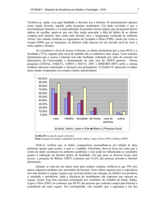 VII SEGeT – Simpósio de Excelência em Gestão e Tecnologia – 2010                                    7



Verificou-se, ainda, com qual finalidade o discente usa a Internet. O entretenimento aparece
como opção favorita, seguido pelas pesquisas acadêmicas. Um dado revelador é que a
movimentação bancária e a comercialização de produtos foram opções que alcançaram baixos
índices de escolha, supõe-se que este fato esteja associado à falta de hábito de se efetuar
compras pela Internet, bem como pelo elevado risco e insegurança verificada no ambiente
virtual. Este achado confirma os argumentos de Lumpkin e Dunn (1990), citado por Costa e
Lucian (2008) que as transações via Internet estão imersas em um elevado nível de risco e
estão sujeitas a fraudes.
        Ao considerar o local de acesso à Internet, os alunos declararam que a casa (86%) e a
faculdade (75%), seguido pelo local de trabalho são os ambientes mais usuais. Esses achados
demonstram que o acesso a Internet tem sido facilitado, sobretudo por meio da conexão em
laboratórios da Universidade e disseminação da rede sem fio (WIFI) gratuita. Outras
pesquisas (JANIAL, SAKITA, LOPES e SILVA, 2007 e RIBEIRO 2007) sobre a mesma
temática oferecem sustentação e reforçam esse pressuposto. O Gráfico 01 apresenta os dados
deste estudo comparados aos estudos citados anteriormente.

        100,00%
         90,00%
         80,00%
         70,00%
         60,00%
         50,00%
         40,00%
         30,00%
         20,00%
         10,00%
          0,00%
                        casa       trabalho    faculdade lan house        casa de       outros
                                                                          parentes

                            Janial, Sakita, Lopes e Silva       Ribeiro    Pesquisa Atual

      Gráfico 01: Locais de acesso a Internet
      Fonte: pesquisa de campo e adaptação de Janial, Sakita, Lopes e Silva (2007) e Ribeiro (2007)

       Pode-se verificar que os dados comparativos assemelham-se em relação às duas
primeiras opções para acesso: a casa e o trabalho. Entretanto, deve-se levar em conta que a
coleta de dados aconteceu no ambiente acadêmico e isso pode ter influenciado os resultados
quanto à utilização da Internet dentro da faculdade. Em que pese os diversos locais para
acesso, a pesquisa de Ribeiro (2007) constatou que 81,6% das pessoas acessam a Internet
diariamente.
       Quando se trata do uso desse meio para realizar compras verificou-se que 59% dos
alunos adquirem produtos por intermédio da Internet. Seus relatos sugerem que a experiência
tem sido positiva e segura, mesmo que ocorram atrasos nas entregas ou defeitos nos produtos
o resultado é satisfatório, dada a eficiência do atendimento das empresas que operam no
espaço virtual. Esse fato encontra sustentação nos resultados do trabalho de Janial, Sakita,
Lopes e Silva (2007) ao constatar que 88,9% das pessoas que realizam compra pela Internet a
consideram um meio seguro. Em contrapartida, vale ressaltar que a segurança é um dos
 