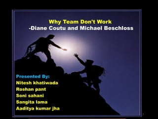 1
Presented By:
Nitesh khatiwada
Roshan pant
Soni sahani
Sangita lama
Aaditya kumar jha
Why Team Don't Work
-Diane Coutu and Michael Beschloss
 