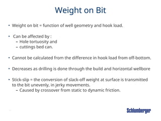11
Weight on Bit
• Weight on bit = function of well geometry and hook load.
• Can be affected by :
– Hole tortuosity and
– cuttings bed can.
• Cannot be calculated from the difference in hook load from off-bottom.
• Decreases as drilling is done through the build and horizontal wellbore
• Stick-slip = the conversion of slack-off weight at surface is transmitted
to the bit unevenly, in jerky movements.
– Caused by crossover from static to dynamic friction.
 