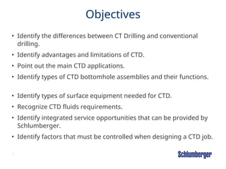 3
Objectives
• Identify the differences between CT Drilling and conventional
drilling.
• Identify advantages and limitations of CTD.
• Point out the main CTD applications.
• Identify types of CTD bottomhole assemblies and their functions.
• Identify types of surface equipment needed for CTD.
• Recognize CTD fluids requirements.
• Identify integrated service opportunities that can be provided by
Schlumberger.
• Identify factors that must be controlled when designing a CTD job.
 
