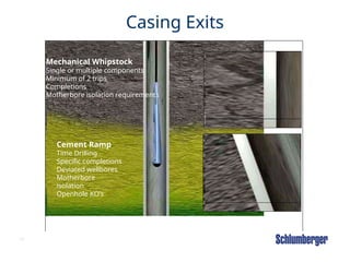 58
Casing Exits
Cement Ramp
Time Drilling
Specific completions
Deviated wellbores
Motherbore
isolation
Openhole KO’s
Mechanical Whipstock
Single or multiple components
Minimum of 2 trips
Completions
Motherbore isolation requirements
 
