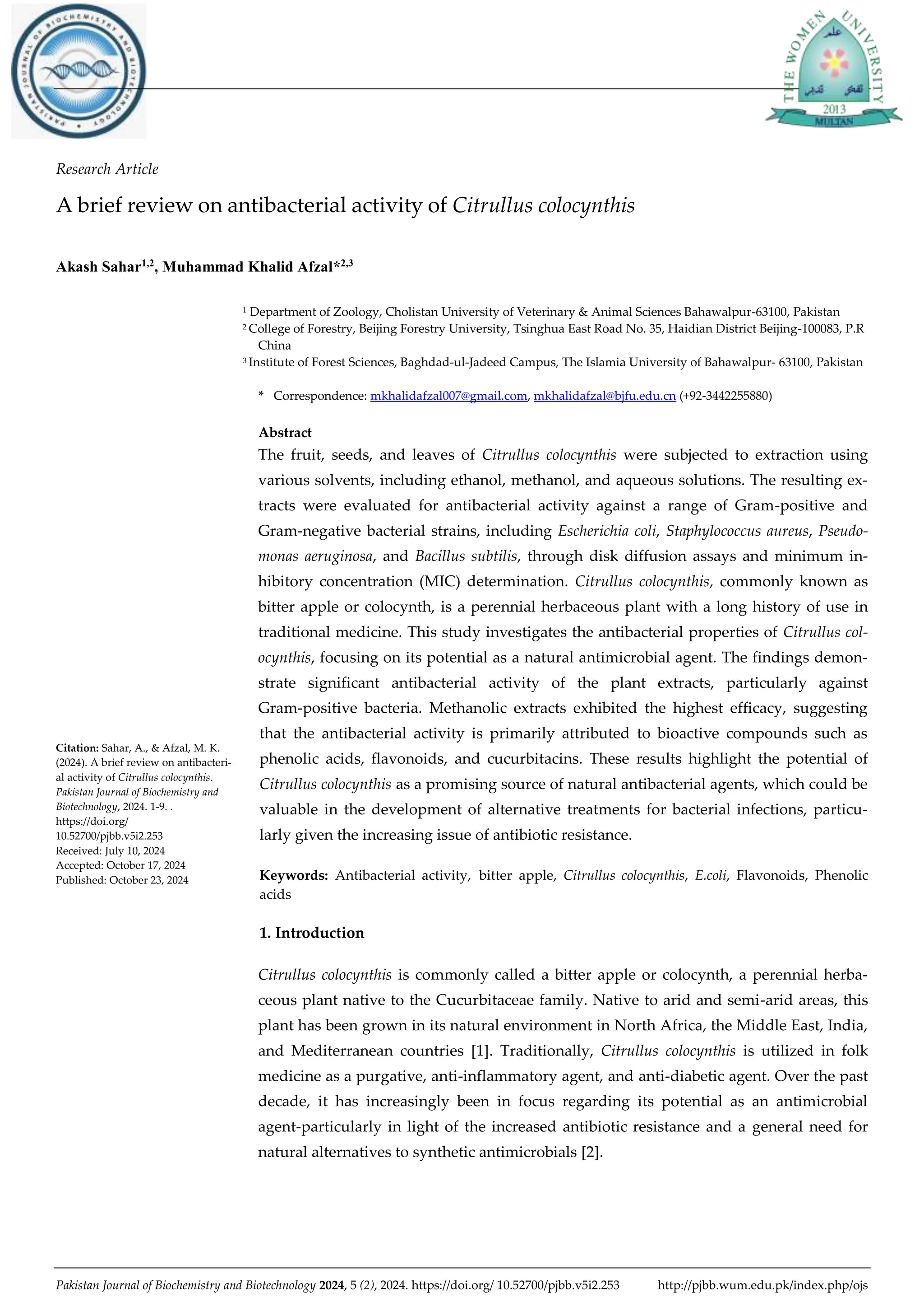 A Brief Review on Antibacterial Activity of Citrullus colocynthis | PDF
