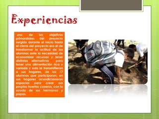 Experiencias
 uno      de     los   objetivos
primordiales      del  proyecto
surgido durante el inicio hasta
el cierre del proyecto era el de
transformar la actitud de los
alumnos ante la necesidad de
economizar recursos y tener
distintas alternativas     para
tener una alimentación rica y
variada y esta la transmitieran
a sus hogares, de los 17
alumnos que participaron, en
sus hogares acondicionaron
espacios para crear sus
propios huertos caseros, con la
ayuda de sus hermanos y
papas.
 