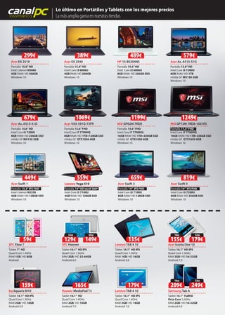 canalpcinformática
Lo último en Portátiles y Tablets con los mejores precios
La más amplia gama en nuestras tiendas
Acer EX 2519 Acer EX 2540 HP 15-BS504NS Acer As. A515-51G
Pantalla 15.6”HD
Intel Celeron N3060
4GB RAM/ HD 500GB
Windows 10
Pantalla 15.6”HD
Intel Core i3 6006U
4GB RAM/ HD 500GB
Windows 10
Pantalla 15.6”HD
Intel Core i3 6006U
8GB RAM/ HD 256GB SSD
Windows 10
Pantalla 15.6”HD
Intel Core i5 7200U
8GB RAM/ HD 1TB
nVidia GF MX130 2GB
Windows 10
Acer As. A515-51G
Pantalla 15.6”HD
Intel Core i5 7200U
8GB RAM/ HD 256GB SSD
nVidia GF MX130 2GB
Windows 10
SPC Flow 7
Tablet 7” HD
Quad Core 1.3GHz
RAM 1GB/ HD 8GB
Android
Huawei MediaPad T3
Tablet 10.1” HD
Quad Core 1.4GHz
RAM 2GB/ HD 16GB
Android 7.0
Acer VX5-591G-73FR
Pantalla 15.6”FHD
Intel Core i7 7700HQ
8GB RAM/ HD 1TB+128GB SSD
nVidia GF GTX1050 4GB
Windows 10
Lenovo Yoga 510
Pantalla 14”HD táctil 360º
Intel Core i3 7100U
4GB RAM/ HD 128GB SSD
Windows 10
Lenovo TAB 4 10
Tablet 10.1” HD IPS
Quad Core 1.4GHz
RAM 2GB/ HD 16GB
Android 7.0
MSI GP62M 7RDX
Pantalla 15.6”FHD
Intel Core i7 7700HQ
16GB RAM/ HD 1TB+256GB SSD
nVidia GF GTX1050 4GB
Windows 10
Acer Swift 3
Pantalla 14” IPS FHD
Intel Core i5 7200U
8GB RAM/ HD 256GB SSD
Windows 10
Acer Swift 3
Pantalla 14” IPS FHD
Intel Core i3 7100U
8GB RAM/ HD 128GB SSD
Windows 10
SPC Heaven
Tablet 10.1” HD IPS
Quad Core 1.3GHz
RAM 2GB/ HD 32-64GB
Android 6.0
MSI GP72M 7RDX-1037ES
Pantalla 17.3”FHD
Intel Core i7 7700HQ
16GB RAM/ HD 1TB+256GB SSD
nVidia GF GTX1050 4GB
Windows 10
Acer Swift 1
Pantalla 13.3”IPS FHD
Intel Celeron N3350
4GB RAM/ HD 128GB SSD
Windows 10
bq Aquaris M10
Tablet 10.1” HD IPS
Quad Core 1.3GHz
RAM 2GB/ HD 16GB
Android 6.0
Samsung Tab A
Tablet 10.1” FullHD
Octa Core 1.6GHz
RAM 2GB/ HD 16-32GB
Android 6.0
Acer Iconia One 10
Tablet 10.1” HD IPS
Quad Core 1.3GHz
RAM 2GB/ HD 16-32GB
Android 7.0
Lenovo TAB 4 10
Tablet 10.1” HD IPS
Quad Core 1.3GHz
RAM 1GB/ HD 16GB
Android 6.0
135€59€
165€ 179€159€
32GB
129€
64GB
149€
16GB
155€
32GB
179€
16GB
209€
32GB
249€
299€ 389€ 489€ 579€
679€ 1069€ 1199€ 1249€
559€ 819€659€449€
 