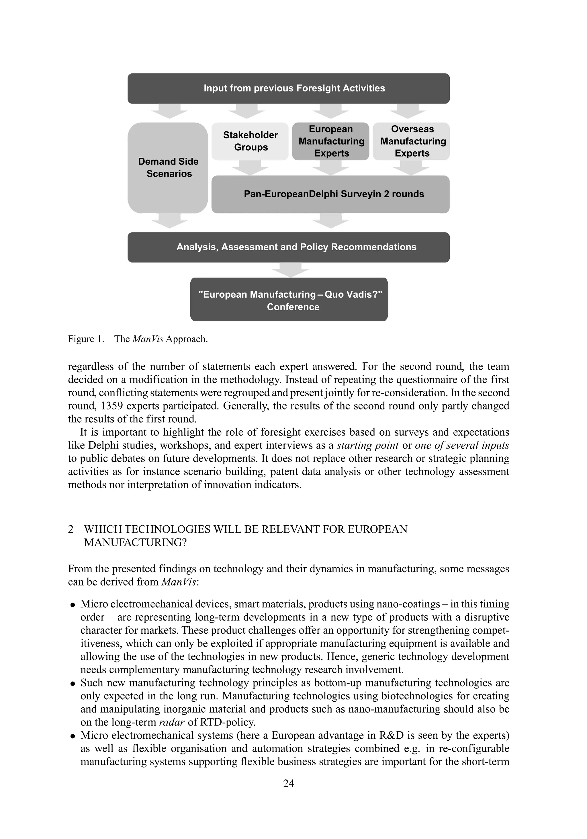 Input from previous Foresight Activities
Analysis, Assessment and Policy Recommendations
"European Manufacturing – Quo Vadis?"
Conference
Demand Side
Scenarios
Stakeholder
Groups
Overseas
Manufacturing
Experts
European
Manufacturing
Experts
Pan-EuropeanDelphi Surveyin 2 rounds
Figure 1. The ManVis Approach.
regardless of the number of statements each expert answered. For the second round, the team
decided on a modification in the methodology. Instead of repeating the questionnaire of the first
round, conflicting statements were regrouped and present jointly for re-consideration. In the second
round, 1359 experts participated. Generally, the results of the second round only partly changed
the results of the first round.
It is important to highlight the role of foresight exercises based on surveys and expectations
like Delphi studies, workshops, and expert interviews as a starting point or one of several inputs
to public debates on future developments. It does not replace other research or strategic planning
activities as for instance scenario building, patent data analysis or other technology assessment
methods nor interpretation of innovation indicators.
2 WHICH TECHNOLOGIES WILL BE RELEVANT FOR EUROPEAN
MANUFACTURING?
From the presented findings on technology and their dynamics in manufacturing, some messages
can be derived from ManVis:
• Micro electromechanical devices, smart materials, products using nano-coatings – in this timing
order – are representing long-term developments in a new type of products with a disruptive
character for markets. These product challenges offer an opportunity for strengthening compet-
itiveness, which can only be exploited if appropriate manufacturing equipment is available and
allowing the use of the technologies in new products. Hence, generic technology development
needs complementary manufacturing technology research involvement.
• Such new manufacturing technology principles as bottom-up manufacturing technologies are
only expected in the long run. Manufacturing technologies using biotechnologies for creating
and manipulating inorganic material and products such as nano-manufacturing should also be
on the long-term radar of RTD-policy.
• Micro electromechanical systems (here a European advantage in R&D is seen by the experts)
as well as flexible organisation and automation strategies combined e.g. in re-configurable
manufacturing systems supporting flexible business strategies are important for the short-term
24
 