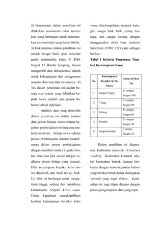 2) Wawancara, dalam penelitian ini
dilakukan wawancara tidak terstru-
ktur yang bertujuan untuk menemu-
kan permasalahan yang harus diteliti.
3) Dokumentasi dalam penelitian ini
adalah berupa hasil ujian semester
ganjil matematika kelas X SMA
Negeri 17 Bandar lampung, tujuan
mengambil data dokumentasi adalah
untuk kelengkapan dari penggunaan
metode observasi dan wawancara. 4)
Tes dalam penelitian ini adalah be-
rupa soal uraian yang diberikan ke-
pada siswa setelah satu pokok ba-
hasan selesai dipelajari.
Analisis data yang diperoleh
dalam penelitian ini adalah analisis
data proses belajar siswa selama ke-
giatan pembelajaran berlangsung me-
lalui observasi. Setiap siswa selama
proses pembelajaran diamati keaktif-
annya dalam proses pembelajaran
dengan memberi tanda (√) pada lem-
bar observasi jika sesuai dengan in-
dikator proses belajar yang diamati.
Data kemampuan berpikir kritis sis-
wa diperoleh dari hasil tes uji blok.
Uji blok ini berfungsi untuk menge-
tahui tinggi, sedang dan rendahnya
kemampuan berpikir kritis siswa.
Untuk keperluan mengklarifikasi
kualitas kemampuan berpikir kritis
siswa dikelompokkan menjadi kate-
gori sangat baik, baik, cukup, ku-
rang, dan sangat kurang dengan
menggunakan skala lima menurut
Suherman (1990: 272) yaitu sebagai
berikut :
Tabel 1 Kriteria Penentuan Ting-
kat Kemampuan Siswa
No
Kemampuan
Berpikir Kritis
Siswa
Interval Skor
Tes
1 Sangat Tinggi
81 sampai
dengan 100
2 Tinggi
61 sampai
dengan 80
3 Sedang
41 sampai
dengan 60
4 Rendah
21 sampai
dengan 40
5 Sangat Rendah
0 sampai
dengan 20
Dalam penelitian ini diguna-
kan keabsahan konstruk (Construct
validity). Keabsahan konstruk ada-
lah keabsahan bentuk batasan ber-
kaitan dengan suatu kepastian bahwa
yang berukur benar-benar merupakan
variabel yang ingin diukur. Keab-
sahan ini juga dapat dicapai dengan
proses pengumpulan data yang tepat.
 
