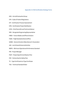 Appendix 5-1 FAA Certification Strategy Terms
AEG – AircraftEvaluationGroup
CFR – Code of Federal Regulations
CPI– CertificationProcessImprovement
CPN – CertificationProjectNotification
CSTA – Chief ScientificandTechnical Advisor
DER – DesignatedEngineeringRepresentative
FMEA – Failure ModesandEffectsAnalysis
FSDO – FlightStandardsDistrictOffice
GAMA – General AviationManufacturer’sAssociation
JAA – JointAirworthinessAuthorities
MOPS – MinimumOperationalPerformance Standard
PM– ProjectManager
PSCP – ProjectSpecificCertificationPlan
PSP – PartnershipforSafetyPlan
TC – Type CertificationorType Certificate
TSO – Technical StandardOrder
 