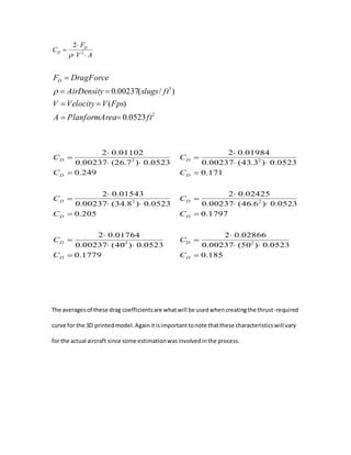 
FD  DragForce
  AirDensity  0.00237(slugs/ ft3
)
V  Velocity  V(Fps)
A  PlanformArea 0.0523ft2

CD 
2 0.01102
0.00237 (26.72
) 0.0523
CD  0.249
CD 
2 0.01543
0.00237 (34.82
) 0.0523
CD  0.205
CD 
2 0.01764
0.00237 (402
) 0.0523
CD  0.1779
CD 
2 0.01984
0.00237 (43.32
) 0.0523
CD  0.171
CD 
2 0.02425
0.00237 (46.62
) 0.0523
CD  0.1797
CD 
2 0.02866
0.00237 (502
) 0.0523
CD  0.185
The averagesof these drag coefficientsare whatwill be usedwhencreatingthe thrust-required
curve for the 3D printedmodel.Againitisimportanttonote thatthese characteristicswill vary
for the actual aircraft since some estimationwasinvolvedinthe process.

CD 
2 FD
 V 2
 A
 