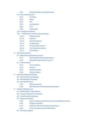3.8.1. SizingVariabilityand Optimization
3.9. Sizesand Capacities
3.9.1. Fuselage
3.9.2. Wing
3.9.3. Tail
3.9.4. Landing Gear
3.9.5. Fuel
3.9.6. Powerplant
3.10. Weightand Balance
3.11. Performance and Sub-SystemDesigns
3.11.1. FlightControls
3.11.2. Avionics
3.11.3. Electrical System
3.11.4. Landing Gear
3.11.5. PressurizationSystem
3.11.6. Fire Protection System
3.11.7. Fuel System
4. Manufacturing Plan
4.1. Manufacturing ReadinessLevels
4.1.1. DefiningManufacturingReadiness
4.1.2. Manufacturing ReadinessLevels
4.2. Industrial Base
4.2.1. Price Induction
4.2.2. Garmin
4.2.3. Rockwell Collins
4.2.4. Heroux-Devtek
5. Legal and Regulatory/Safety
5.1. FAA CertificationStrategy
5.2. Risk MitigationStrategy
5.3. Risk Identification
5.3.1. Risk Assessment
5.3.2. Risk Response Planningand Reevaluation
6. Program Management
6.1. Modificationor NewSystem
6.2. Unique Program Circumstances
6.3. Total PlannedProduction
6.4. Program Schedule
6.4.1. Basis for Deliveryand Performance PeriodRequirements
6.4.2. Program Schedule
6.4.3. ActivitiesPlannedfor SubsequentPhases
6.4.4. Criteriato Move into the NextPhase
6.5. Life Cycle Support
 