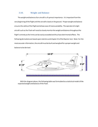 3.10. Weight and Balance
The weightandbalance of an aircraftis of upmost importance. Itisimportantfromthe
verybeginningof the flightuntilthe aircraftisbackon the ground. Properweightandbalance
ensuresthe safetyof the flightandallowsease of maneuverability. The operatorof a light
aircraft suchas the Flash will needtocloselymonitorthe weightandbalance throughoutthe
flight’sentiretyasthe limitscanbe easilyexceededandthushave detrimental effects. The
followingderivationsare baseduponstatisticsandchapter15 of the Raymer text. Note:For the
mostaccurate information,the aircraftmustbe builtandweighedforaproperweightand
balance to be derived.
Withthe diagramabove,the followingtable wasformulatedasastatistical model of the
expectedweightandbalance of the Flash.
 