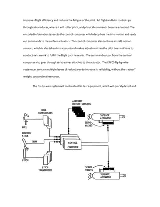 improvesflightefficiencyandreducesthe fatigue of the pilot. All flightandtrimcontrolsgo
througha transducer,where itwill roll orpitch,andphysical commandsbecome encoded. The
encodedinformation issenttothe control computerwhichdeciphersthe informationandsends
out commandsto the surface actuators. The control computeralsocontainsaircraftmotion
sensors,whichisalsotakenintoaccountand makesadjustmentssothe pilotdoesnothave to
conduct extraworkto fulfillthe flightpathhe wants. The commandoutputfrom the control
computeralso goesthroughservovalvesattachedtothe actuator. The EPFCSfly-by-wire
systemcan containmultiplelayersof redundancytoincrease itsreliability,withoutthe tradeoff
weight,costandmaintenance.
The fly-by-wire systemwill containbuiltintestequipment,whichwillquicklydetectand
 