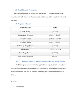 6.3. Total Planned Production
The KentAerocompanyplanson producingan average of 2-3 aircraft permonth,which
wouldtranslate to 24-36 per year.We are aimingto produce around156 aircraft withinthe next
five years.
6.4. Program Schedule
Event/Process Date
Kickoff Meeting (1/16/15)
Requirements Definition (1/19/15 – 2/6/15)
Conceptual Design (1/20/15 - 2/25/15)
Preliminary Design (2/12/15 – 3/6/15)
Preliminary Design Review (3/10/15)
Detail Design (3/12/15 – 4/27/15)
Final Design Review (4/28/15)
Final Report Completion (5/5/15)
6.4.1 Basis for Delivery and Performance Period Requirements
The followingare requirementsforthe supplierdeliveryof productsforthe aircraft,and
the resultingperiodrequirementsandguidelines.Inthiscase,the following agreementpertains
to all suppliersof the KentAeroInc.company.The Buyer(s) andSupplier(s) in scenarioare as
follows:
Buyer(s):
 KentAero.Inc.
 