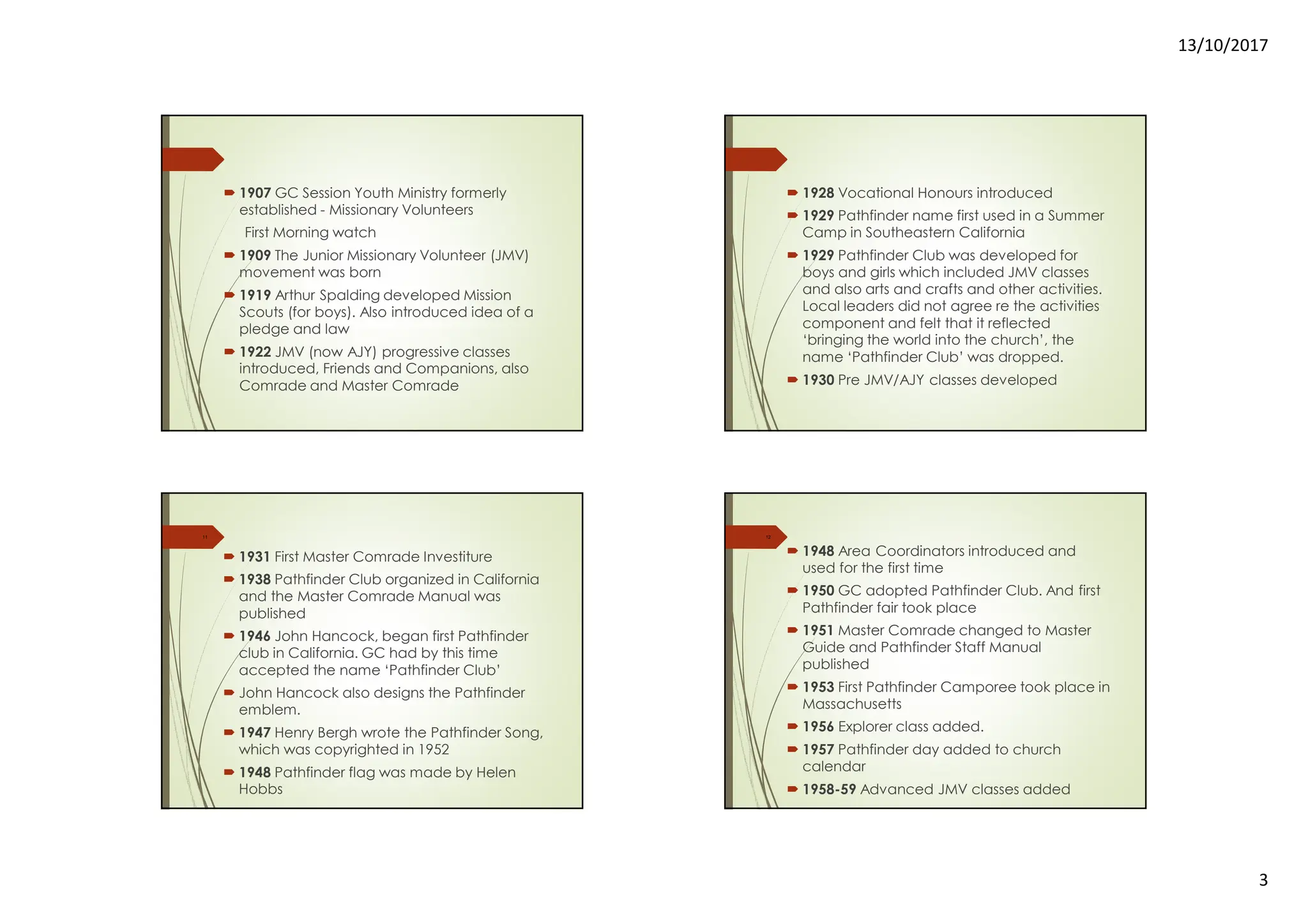 13/10/2017
3
1907 GC Session Youth Ministry formerly
established - Missionary Volunteers
First Morning watch
1909 The Junior Missionary Volunteer (JMV)
movement was born
1919 Arthur Spalding developed Mission
Scouts (for boys). Also introduced idea of a
pledge and law
1922 JMV (now AJY) progressive classes
introduced, Friends and Companions, also
Comrade and Master Comrade
1928 Vocational Honours introduced
1929 Pathfinder name first used in a Summer
Camp in Southeastern California
1929 Pathfinder Club was developed for
boys and girls which included JMV classes
and also arts and crafts and other activities.
Local leaders did not agree re the activities
component and felt that it reflected
‘bringing the world into the church’, the
name ‘Pathfinder Club’ was dropped.
1930 Pre JMV/AJY classes developed
11
1931 First Master Comrade Investiture
1938 Pathfinder Club organized in California
and the Master Comrade Manual was
published
1946 John Hancock, began first Pathfinder
club in California. GC had by this time
accepted the name ‘Pathfinder Club’
John Hancock also designs the Pathfinder
emblem.
1947 Henry Bergh wrote the Pathfinder Song,
which was copyrighted in 1952
1948 Pathfinder flag was made by Helen
Hobbs
12
1948 Area Coordinators introduced and
used for the first time
1950 GC adopted Pathfinder Club. And first
Pathfinder fair took place
1951 Master Comrade changed to Master
Guide and Pathfinder Staff Manual
published
1953 First Pathfinder Camporee took place in
Massachusetts
1956 Explorer class added.
1957 Pathfinder day added to church
calendar
1958-59 Advanced JMV classes added
 
