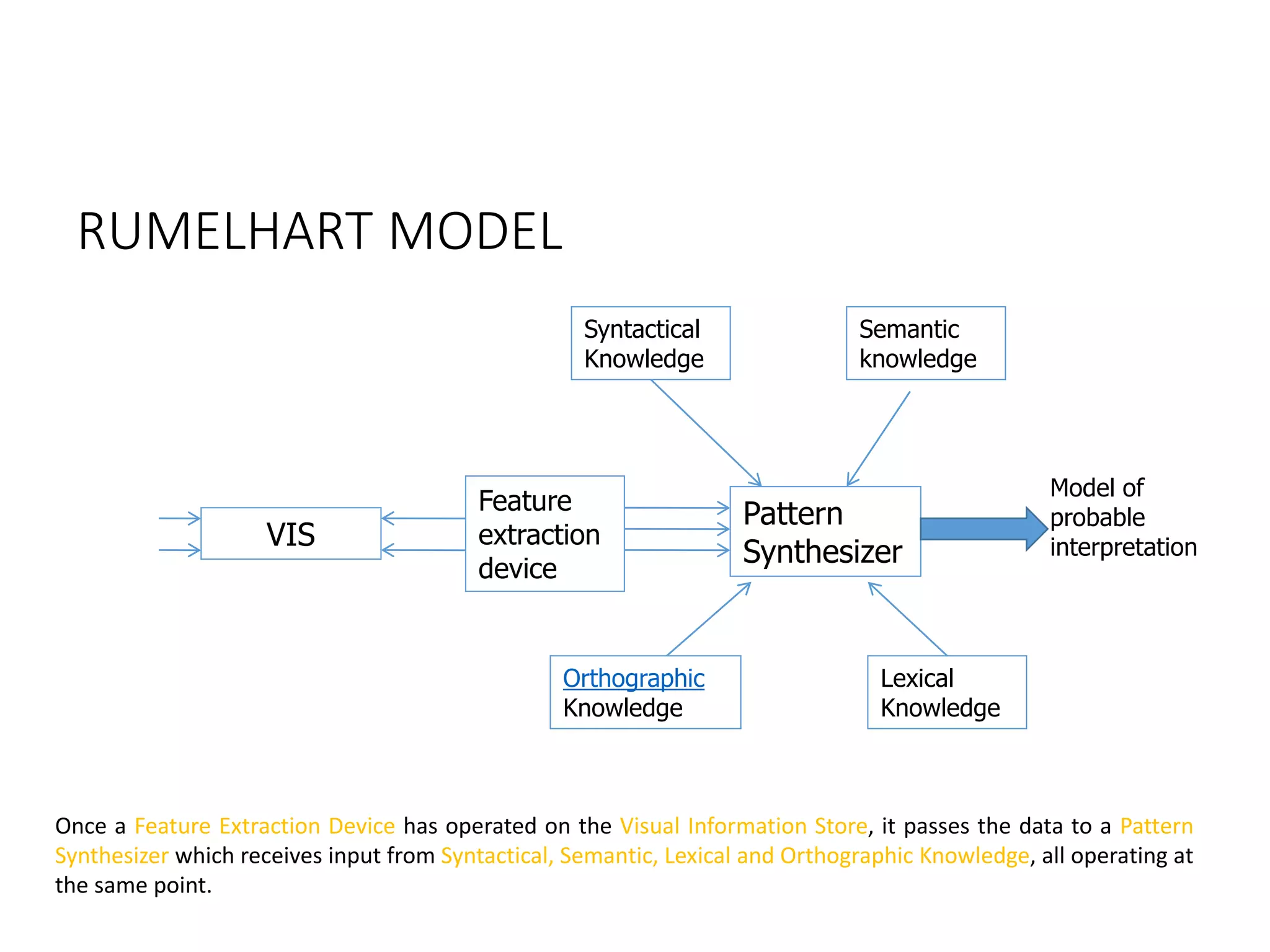 RUMELHART MODEL
VIS
Feature
extraction
device
Pattern
Synthesizer
Orthographic
Knowledge
Lexical
Knowledge
Syntactical
Knowledge
Semantic
knowledge
Model of
probable
interpretation
Once a Feature Extraction Device has operated on the Visual Information Store, it passes the data to a Pattern
Synthesizer which receives input from Syntactical, Semantic, Lexical and Orthographic Knowledge, all operating at
the same point.
 
