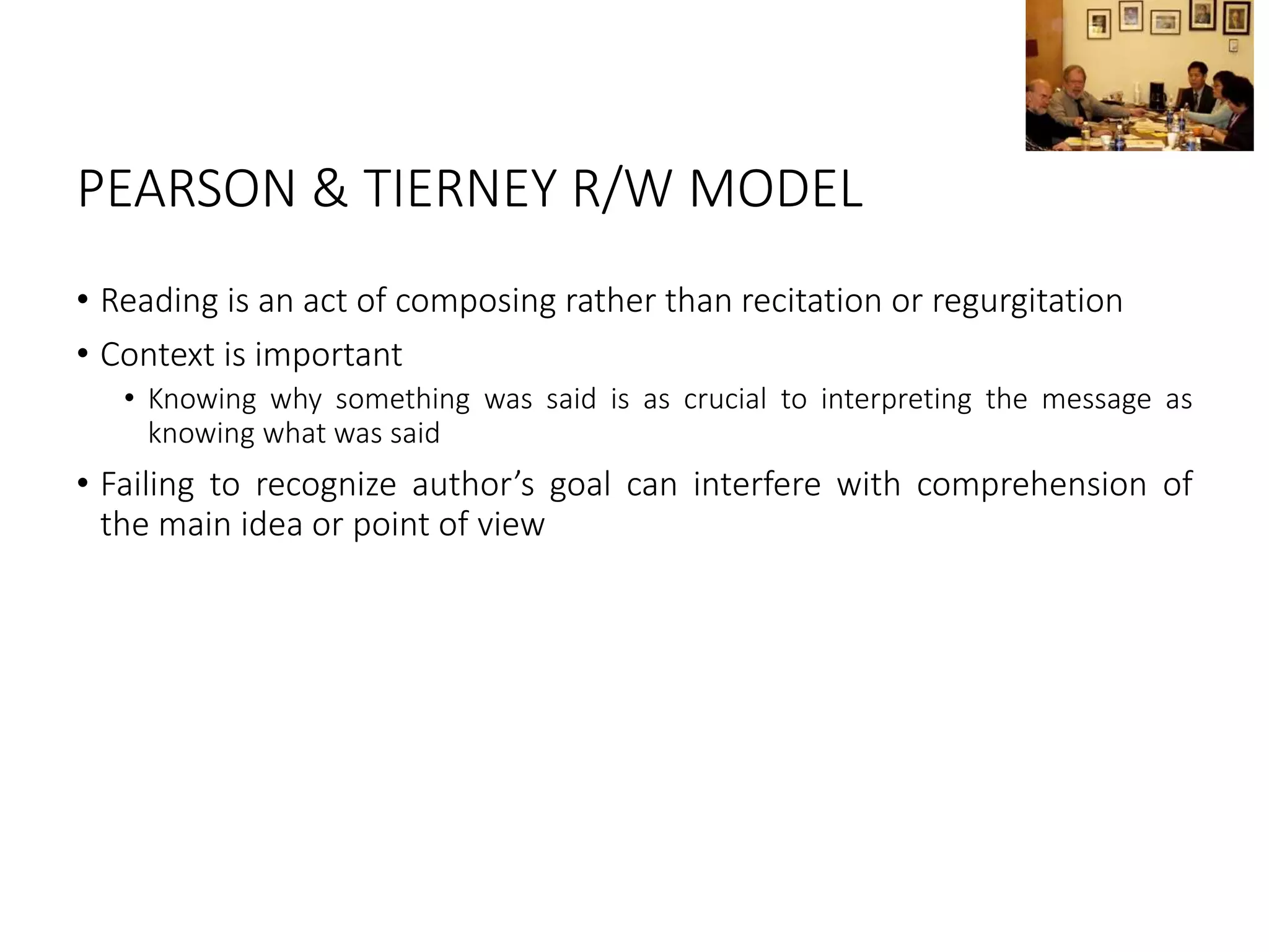 PEARSON & TIERNEY R/W MODEL
• Reading is an act of composing rather than recitation or regurgitation
• Context is important
• Knowing why something was said is as crucial to interpreting the message as
knowing what was said
• Failing to recognize author’s goal can interfere with comprehension of
the main idea or point of view
 