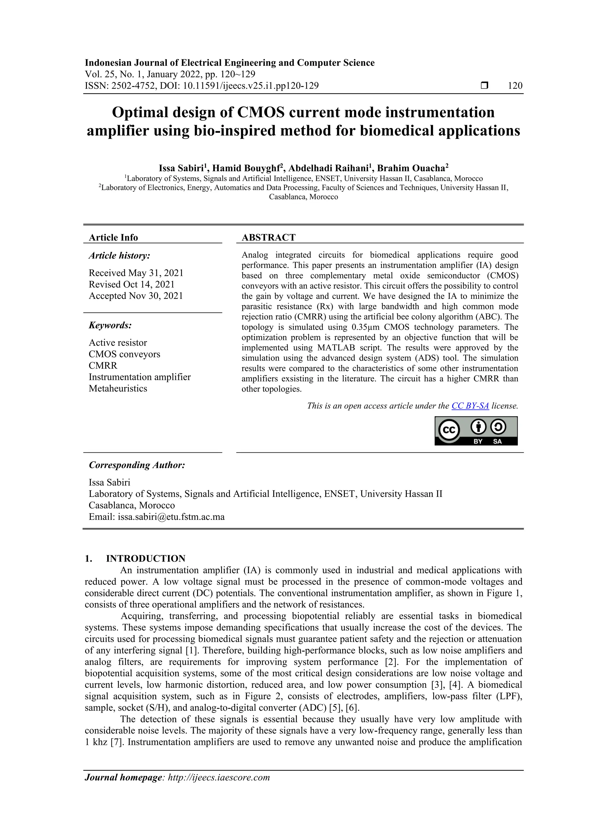 Optimal design of CMOS current mode instrumentation amplifier using bio