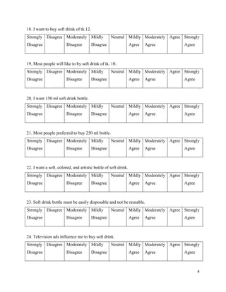 4
18. I want to buy soft drink of tk.12.
Strongly
Disagree
Disagree Moderately
Disagree
Mildly
Disagree
Neutral Mildly
Agree
Moderately
Agree
Agree Strongly
Agree
19. Most people will like to by soft drink of tk. 10.
Strongly
Disagree
Disagree Moderately
Disagree
Mildly
Disagree
Neutral Mildly
Agree
Moderately
Agree
Agree Strongly
Agree
20. I want 150 ml soft drink bottle.
Strongly
Disagree
Disagree Moderately
Disagree
Mildly
Disagree
Neutral Mildly
Agree
Moderately
Agree
Agree Strongly
Agree
21. Most people preferred to buy 250 ml bottle.
Strongly
Disagree
Disagree Moderately
Disagree
Mildly
Disagree
Neutral Mildly
Agree
Moderately
Agree
Agree Strongly
Agree
22. I want a soft, colored, and artistic bottle of soft drink.
Strongly
Disagree
Disagree Moderately
Disagree
Mildly
Disagree
Neutral Mildly
Agree
Moderately
Agree
Agree Strongly
Agree
23. Soft drink bottle must be easily disposable and not be reusable.
Strongly
Disagree
Disagree Moderately
Disagree
Mildly
Disagree
Neutral Mildly
Agree
Moderately
Agree
Agree Strongly
Agree
24. Television ads influence me to buy soft drink.
Strongly
Disagree
Disagree Moderately
Disagree
Mildly
Disagree
Neutral Mildly
Agree
Moderately
Agree
Agree Strongly
Agree
 