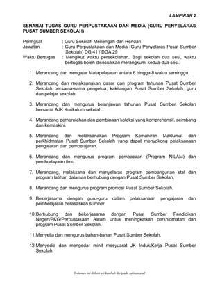 LAMPIRAN 2
SENARAI TUGAS GURU PERPUSTAKAAN DAN MEDIA (GURU PENYELARAS
eringkat : Guru Sekolah Menengah dan Rendah
enyelaras Pusat Sumber
Waktu Bertug han. Bagi sekolah dua sesi, waktu
1. Merancang dan mengajar Matapelajaran antara 6 hingga 8 waktu seminggu.
. Merancang dan melaksanakan dasar dan program tahunan Pusat Sumber
. Merancang dan mengurus belanjawan tahunan Pusat Sumber Sekolah
4. Merancang pemerolehan dan pembinaan koleksi yang komprehensif, seimbang
5. Merancang dan melaksanakan Program Kemahiran Maklumat dan
6. Merancang dan mengurus program pembacaan (Program NILAM) dan
7. Merancang, melaksana dan menyelaras program pembangunan staf dan
8. Merancang dan mengurus program promosi Pusat Sumber Sekolah.
9. Bekerjasama dengan guru-guru dalam pelaksanaan pengajaran dan
10.Berhubung dan bekerjasama dengan Pusat Sumber Pendidikan
11.Menyelia dan mengurus bahan-bahan Pusat Sumber Sekolah.
12.Menyedia dan mengedar minit mesyuarat JK Induk/Kerja Pusat Sumber
PUSAT SUMBER SEKOLAH)
P
Jawatan : Guru Perpustakaan dan Media (Guru P
Sekolah) DG 41 / DGA 29
as : Mengikut waktu persekola
bertugas boleh disesuaikan merangkumi kedua-dua sesi.
2
Sekolah bersama-sama pengetua, kakitangan Pusat Sumber Sekolah, guru
dan pelajar sekolah.
3
bersama AJK Kurikulum sekolah.
dan kemaskini.
perkhidmatan Pusat Sumber Sekolah yang dapat menyokong pelaksanaan
pengajaran dan pembelajaran.
pembudayaan ilmu.
program latihan dalaman berhubung dengan Pusat Sumber Sekolah.
pembelajaran berasaskan sumber.
Negeri/PKG/Perpustakaan Awam untuk meningkatkan perkhidmatan dan
program Pusat Sumber Sekolah.
Sekolah.
Dokumen ini diilustrasi kembali daripada salinan asal
 