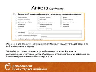 Анкета (друкована)
Ми хочемо дізнатись, чим саме цікавиться Ваша дитина, для того, щоб розробити
найоптимальнішу програму.
Зрозуміти, які гуртки потрібні в закладі загальної середньої освіти, та
порекомендувати спортивні школи або заклади позашкільної освіти, найближчі до
Вашого місця проживання або закладу освіти.
 