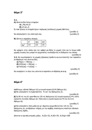 Θέμα 2ο
2.1.
Α) Δίνονται δύο ζεύγη στοιχείων.
α) 12Mg και 8O
β) 8O και 16S
Σε ποιο ζεύγος τα στοιχεία έχουν παρόμοιες (ανάλογες) χημικές ιδιότητες;
(μονάδα 1)
Να αιτιολογήσετε την απάντησή σας. (μονάδες 5)
Β) Δίνεται ο παρακάτω πίνακας:
S2-
NO3
-
OH
-
Na
+ (1) (2) (3)
Να γράψετε στην κόλλα σας τον αριθμό και δίπλα το χημικό τύπο και το όνομα κάθε
χημικής ένωσης που μπορεί να σχηματιστεί, συνδυάζοντας τα δεδομένα του πίνακα.
(μονάδες 6)
2.2. Να συμπληρώσετε τις χημικές εξισώσεις (προϊόντα και συντελεστές) των παρακάτω
αντιδράσεων που γίνονται όλες.
α) Mg(s) + HBr(aq) →
β) KOH(aq) + HBr(aq) →
γ) FeCl2(aq) + Κ2S(aq) →
(μονάδες 9)
Να αναφέρετε το λόγο που γίνονται οι παραπάνω αντιδράσεις α και γ.
(μονάδες 4)
Θέμα 4ο
Διαθέτουμε υδατικό διάλυμα K2S με συγκέντρωση 0,8 Μ (διάλυμα Δ1).
α) Να υπολογίσετε τη περιεκτικότητα % w/v του διαλύματος Δ1.
(μονάδες 8)
β) Σε 80 mL του Δ1 προστίθενται 120 mL διαλύματος K2S συγκέντρωσης 0,4 Μ, οπότε
προκύπτει ένα άλλο διάλυμα Δ2. Πόση είναι η συγκέντρωση (σε M) του K2S στο
διάλυμα Δ2;
(μονάδες 7)
γ) Να υπολογίσετε πόση μάζα (σε g) ιζήματος σχηματίζεται όταν 125 mL του
διαλύματος Δ1, αντιδράσουν πλήρως με την ακριβώς απαιτούμενη ποσότητα υδατικού
διαλύματος AgNO3.
(μονάδες 10)
Δίνονται οι σχετικές ατομικές μάζες: Ar (S)=32, Ar (K)=39, Ar (Ag)=108
 