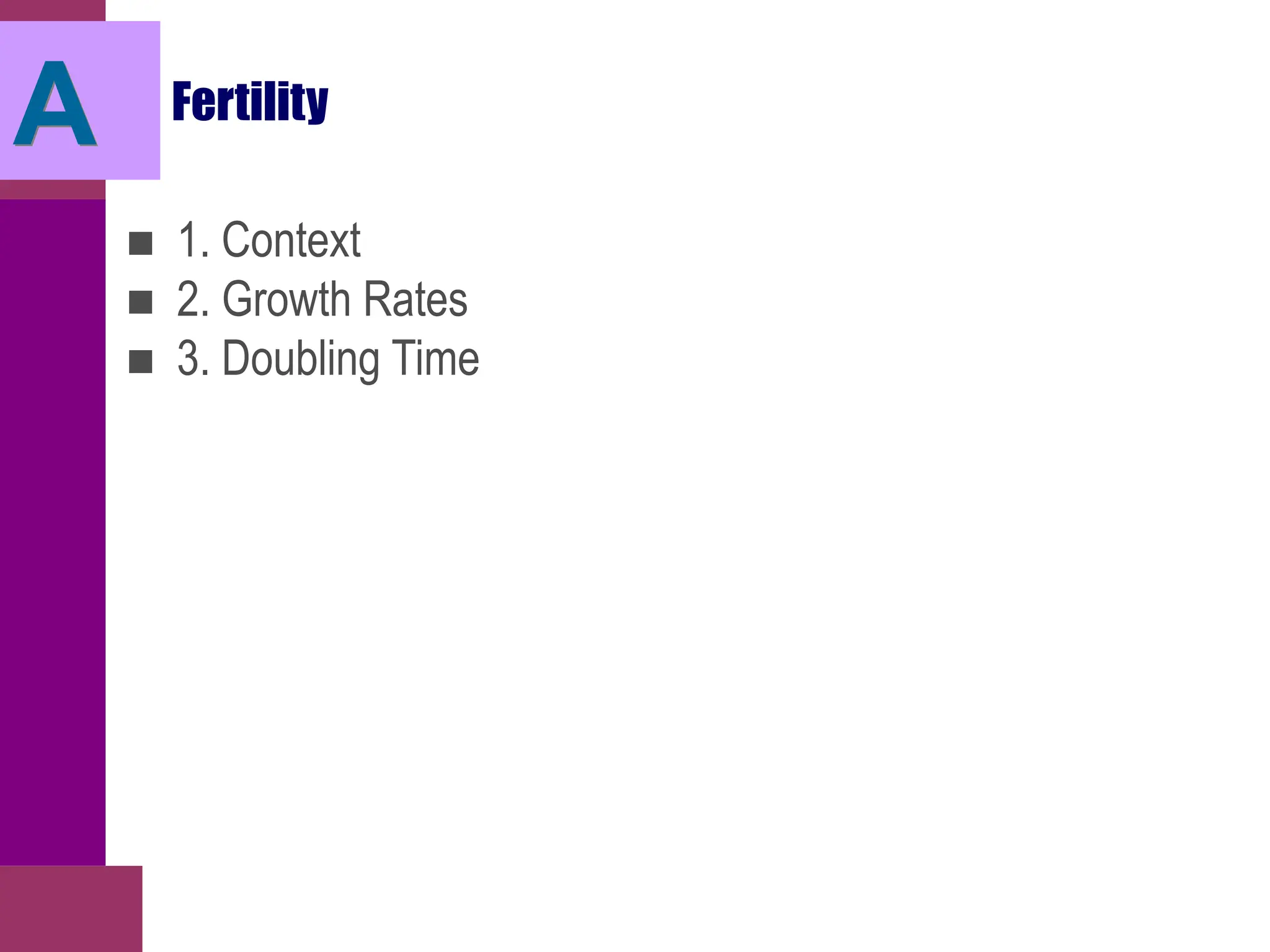 Fertility
■ 1. Context
■ 2. Growth Rates
■ 3. Doubling Time
A
 