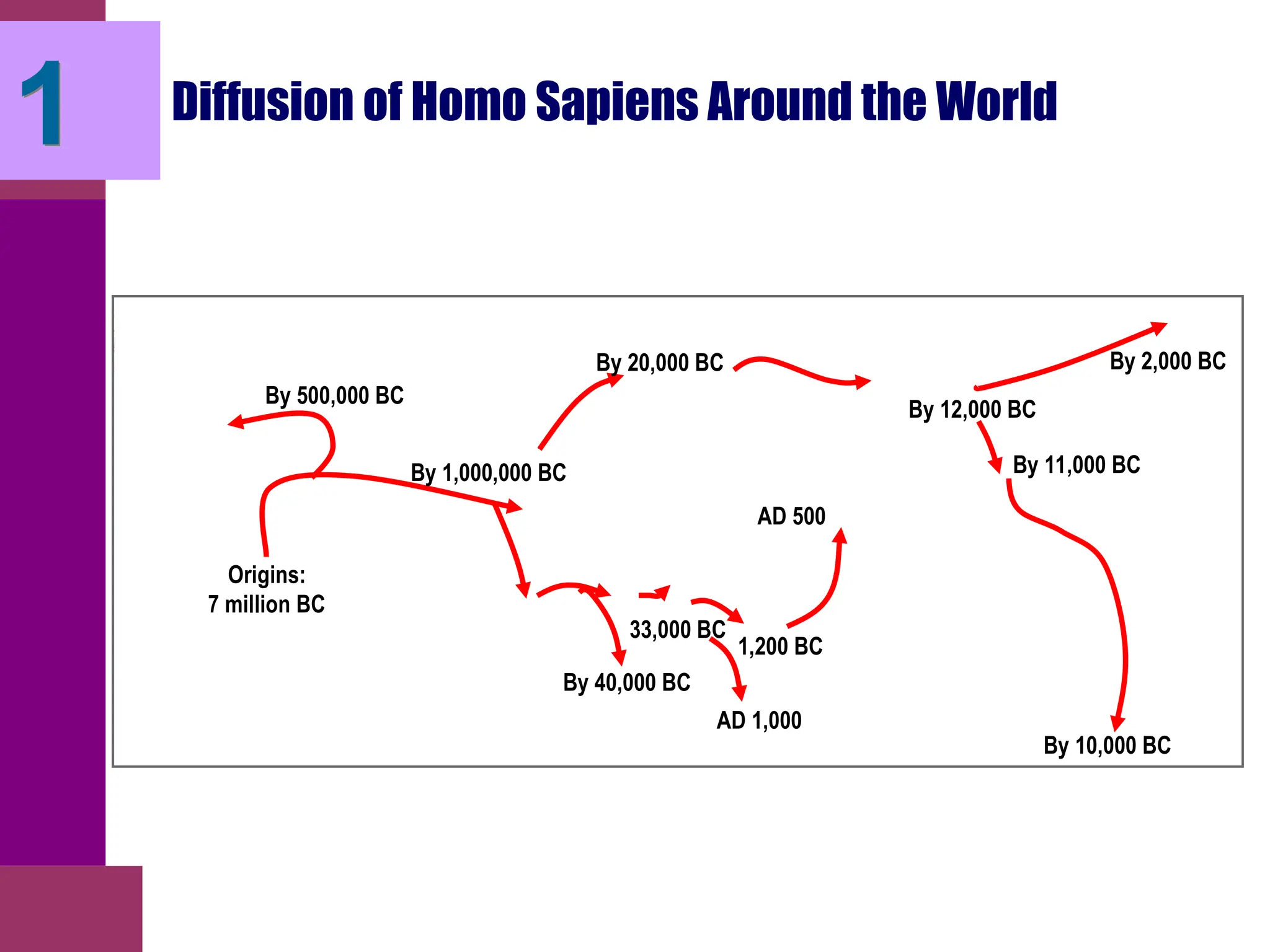 Diffusion of Homo Sapiens Around the World
Origins:
7 million BC
By 1,000,000 BC
By 500,000 BC
By 20,000 BC
By 12,000 BC
By 11,000 BC
By 10,000 BC
By 2,000 BC
1
By 40,000 BC
33,000 BC
AD 1,000
AD 500
1,200 BC
 