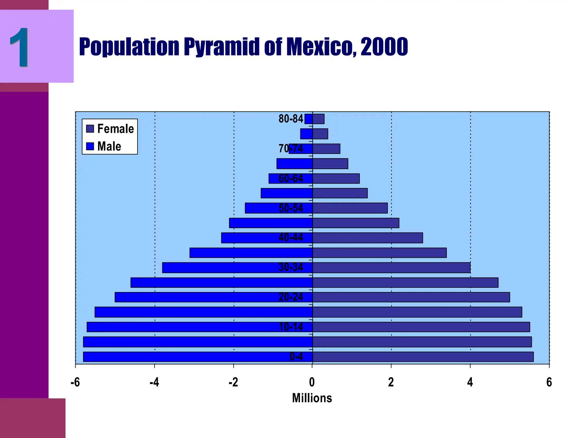 Population Pyramid of Mexico, 2000
-6 -4 -2 0 2 4 6
0-4
10-14
20-24
30-34
40-44
50-54
60-64
70-74
80-84
Millions
Female
Male
1
 