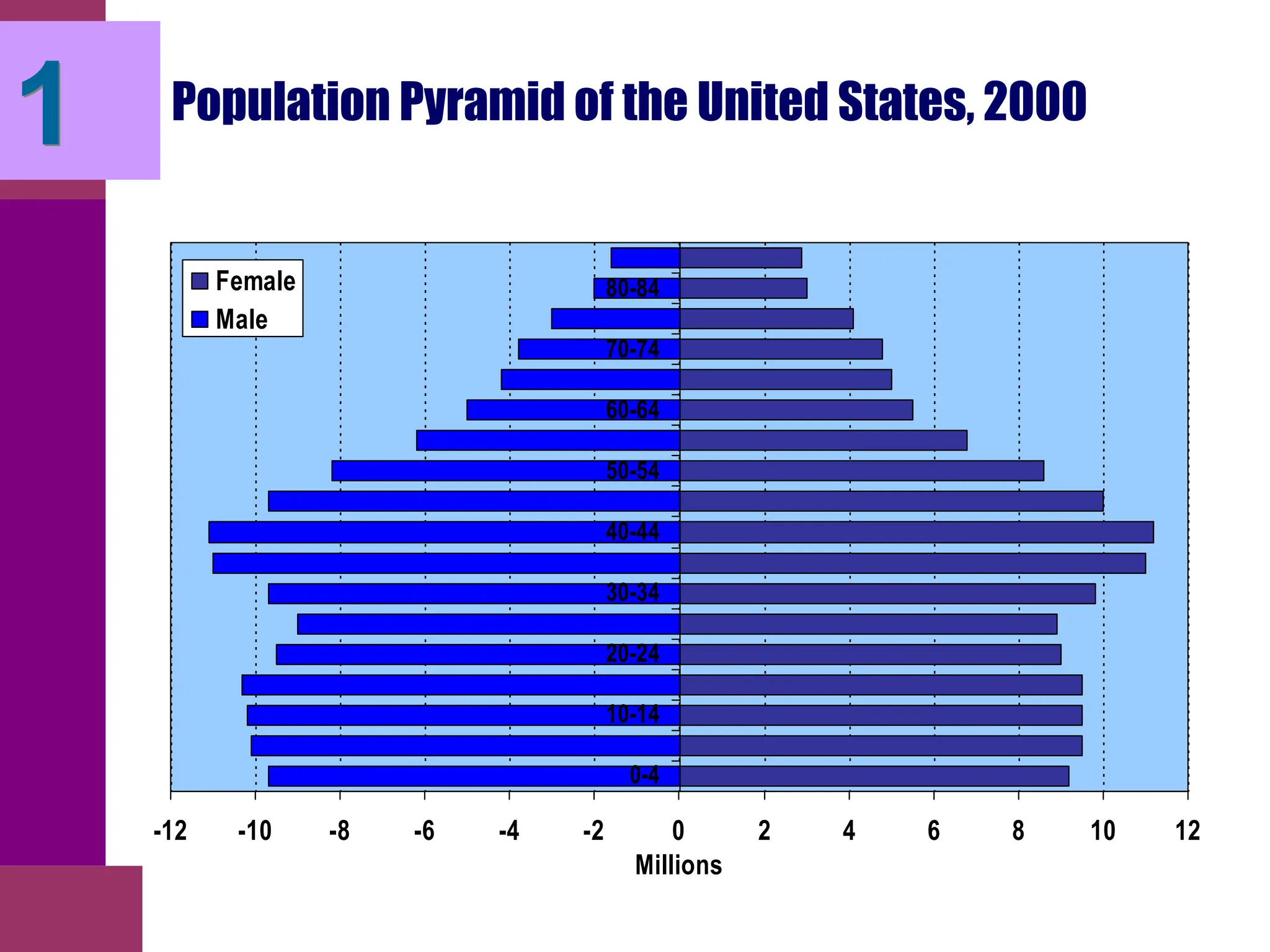 Population Pyramid of the United States, 2000
-12 -10 -8 -6 -4 -2 0 2 4 6 8 10 12
0-4
10-14
20-24
30-34
40-44
50-54
60-64
70-74
80-84
Millions
Female
Male
1
 