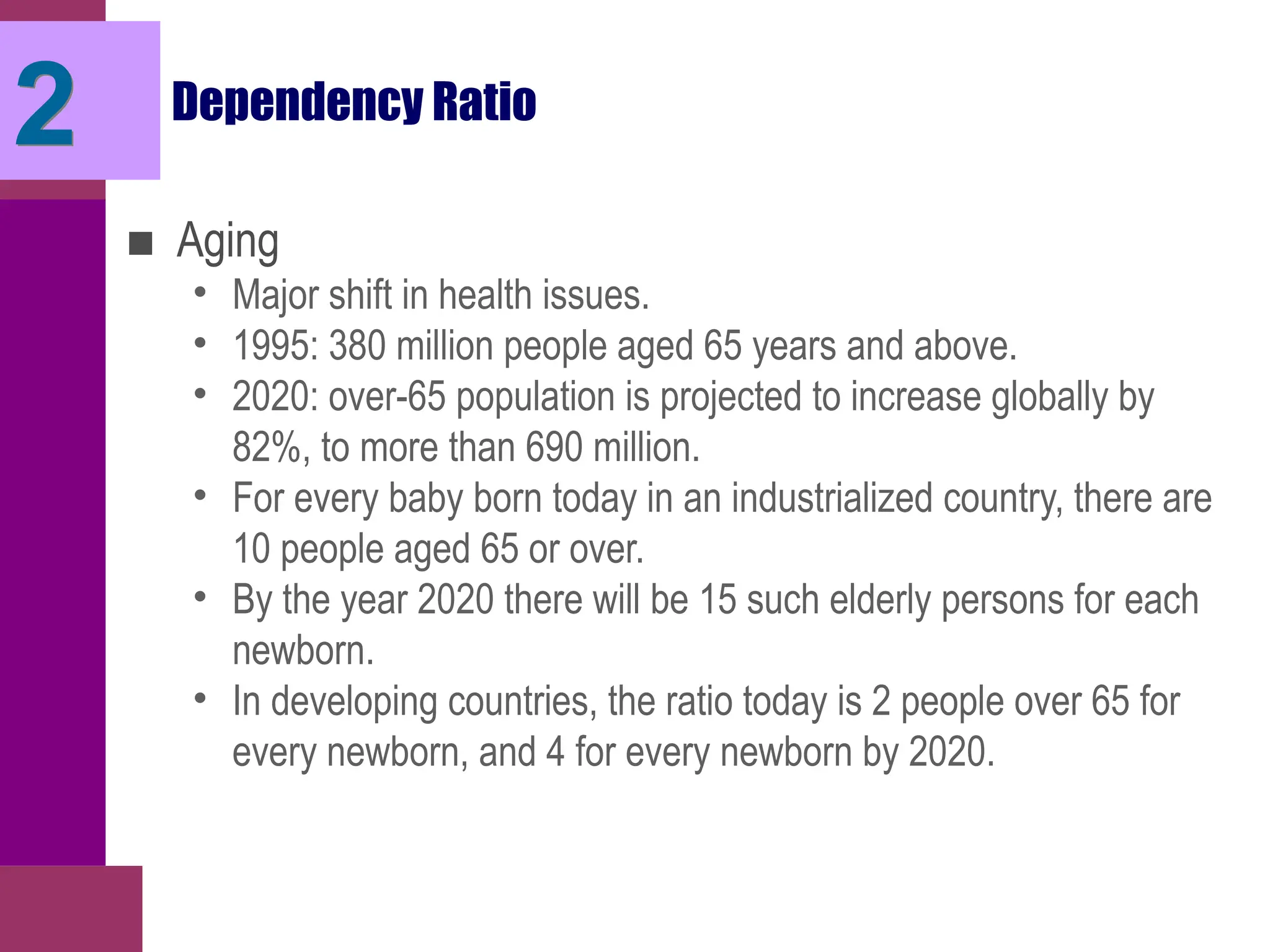 Dependency Ratio
■ Aging
• Major shift in health issues.
• 1995: 380 million people aged 65 years and above.
• 2020: over-65 population is projected to increase globally by
82%, to more than 690 million.
• For every baby born today in an industrialized country, there are
10 people aged 65 or over.
• By the year 2020 there will be 15 such elderly persons for each
newborn.
• In developing countries, the ratio today is 2 people over 65 for
every newborn, and 4 for every newborn by 2020.
2
 