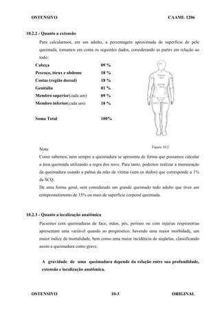 OSTENSIVO CAAML 1206
OSTENSIVO ORIGINAL
10-3
Figura 10.2
10.2.2 - Quanto a extensão
Para calcularmos, em um adulto, a percentagem aproximada de superfície de pele
queimada, tomamos em conta os seguintes dados, considerando as partes em relação ao
todo:
Cabeça 09 %
Pescoço, tórax e abdome 18 %
Costas (região dorsal) 18 %
Genitália 01 %
Membro superior(cada um) 09 %
Membro inferior(cada um) 18 %
Soma Total 100%
Nota:
Como sabemos, nem sempre a queimadura se apresenta de forma que possamos calcular
a área queimada utilizando a regra dos nove. Para tanto, podemos realizar a mensuração
da queimadura usando a palma da mão da vítima (sem os dedos) que corresponde a 1%
da SCQ.
De uma forma geral, será considerado um grande queimado todo adulto que tiver um
comprometimento de 15% ou mais de superfície corporal queimada.
10.2.3 - Quanto a localização anatômica
Pacientes com queimaduras de face, mãos, pés, períneo ou com injúrias respiratórias
apresentam uma variável quando ao prognóstico, havendo uma maior morbidade, um
maior índice de mortalidade, bem como uma maior incidência de seqüelas, classificando
assim a queimadura como grave.
A gravidade de uma queimadura depende da relação entre sua profundidade,
extensão e localização anatômica.
 