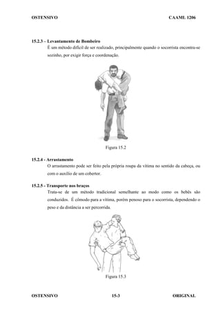 OSTENSIVO CAAML 1206
OSTENSIVO ORIGINAL
15-3
15.2.3 – Levantamento de Bombeiro
É um método difícil de ser realizado, principalmente quando o socorrista encontra-se
sozinho, por exigir força e coordenação.
Figura 15.2
15.2.4 - Arrastamento
O arrastamento pode ser feito pela própria roupa da vítima no sentido da cabeça, ou
com o auxílio de um cobertor.
15.2.5 - Transporte nos braços
Trata-se de um método tradicional semelhante ao modo como os bebês são
conduzidos. É cômodo para a vítima, porém penoso para o socorrista, dependendo o
peso e da distância a ser percorrida.
Figura 15.3
 