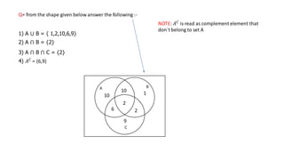 Q= from the shape given below answer the following :-
1) A ⋃ B = { 1,2,10,6,9}
2) A ⋂ B = {2}
3) A ⋂ B ⋂ C = {2}
4) 𝐴𝐶
= {...