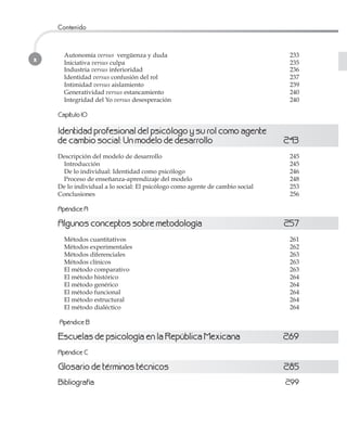 x
Contenido
Autonomía versus vergüenza y duda 233
Iniciativa versus culpa 235
Industria versus inferioridad 236
Identidad versus confusión del rol 237
Intimidad versus aislamiento 239
Generatividad versus estancamiento 240
Integridad del Yo versus desesperación 240
CCaappííttuulloo 1100
IIddeennttiiddaadd pprrooffeessiioonnaall ddeell ppssiiccóóllooggoo yy ssuu rrooll ccoommoo aaggeennttee
ddee ccaammbbiioo ssoocciiaall:: UUnn mmooddeelloo ddee ddeessaarrrroolllloo 224433
Descripción del modelo de desarrollo 245
Introducción 245
De lo individual: Identidad como psicólogo 246
Proceso de enseñanza-aprendizaje del modelo 248
De lo individual a lo social: El psicólogo como agente de cambio social 253
Conclusiones 256
AAppéénnddiiccee AA
AAllgguunnooss ccoonncceeppttooss ssoobbrree mmeettooddoollooggííaa 225577
Métodos cuantitativos 261
Métodos experimentales 262
Métodos diferenciales 263
Métodos clínicos 263
El método comparativo 263
El método histórico 264
El método genérico 264
El método funcional 264
El método estructural 264
El método dialéctico 264
AAppéénnddiiccee BB
EEssccuueellaass ddee ppssiiccoollooggííaa eenn llaa RReeppúúbblliiccaa MMeexxiiccaannaa 226699
AAppéénnddiiccee CC
GGlloossaarriioo ddee ttéérrmmiinnooss ttééccnniiccooss 228855
BBiibblliiooggrraaffííaa 229999
 
