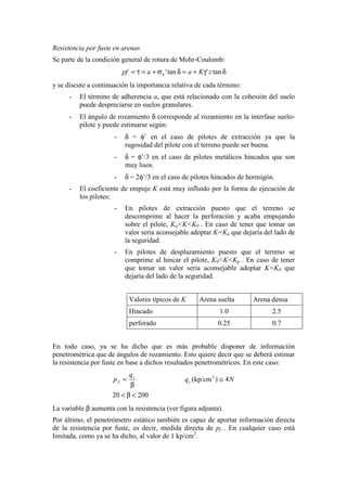 Resistencia por fuste en arenas
Se parte de la condición general de rotura de Mohr-Coulomb:
δγ+=δσ+=τ= tan'tan' zKaapf h
y se discute a continuación la importancia relativa de cada término:
- El término de adherencia a, que está relacionado con la cohesión del suelo
puede despreciarse en suelos granulares.
- El ángulo de rozamiento δ corresponde al rozamiento en la interfase suelo-
pilote y puede estimarse según:
- δ = φ’ en el caso de pilotes de extracción ya que la
rugosidad del pilote con el terreno puede ser buena.
- δ = φ’/3 en el caso de pilotes metálicos hincados que son
muy lisos.
- δ = 2φ’/3 en el caso de pilotes hincados de hormigón.
- El coeficiente de empuje K está muy influido por la forma de ejecución de
los pilotes:
- En pilotes de extracción puesto que el terreno se
descomprime al hacer la perforación y acaba empujando
sobre el pilote, Ka<K<K0 . En caso de tener que tomar un
valor seria aconsejable adoptar K=Ka que dejaría del lado de
la seguridad.
- En pilotes de desplazamiento puesto que el terreno se
comprime al hincar el pilote, K0<K<Kp . En caso de tener
que tomar un valor seria aconsejable adoptar K=K0 que
dejaría del lado de la seguridad.
Valores típicos de K Arena suelta Arena densa
Hincado 1.0 2.5
perforado 0.25 0.7
En todo caso, ya se ha dicho que es más probable disponer de información
penetrométrica que de ángulos de rozamiento. Esto quiere decir que se deberá estimar
la resistencia por fuste en base a dichos resultados penetrométricos. En este caso:
20020
4)kp/cm( 2
<β<
≅
β
= Nq
q
p c
c
f
La variable β aumenta con la resistencia (ver figura adjunta).
Por último, el penetrómetro estático también es capaz de aportar información directa
de la resistencia por fuste, es decir, medida directa de pf . En cualquier caso está
limitada, como ya se ha dicho, al valor de 1 kp/cm2
.
 