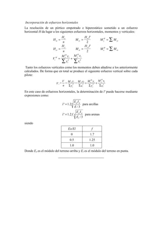 Incorporación de esfuerzos horizontales
La resolución de un pórtico empotrado e hiperestático sometido a un esfuerzo
horizontal H da lugar a los siguientes esfuerzos horizontales, momentos y verticales:
H
H
n
M
H l
M M
H
H
n
M
H l
M M
V
M y
y
M x
x
xi
x
yi
xi
y
H
yi
yi
y
xi
yi
x
H
xi
i
H x
H
i
i
y
H
i
i
= = =
= = =
= +
∑
∑
∑ ∑
'
'
2
2
2 2
Tanto los esfuerzos verticales como los momentos deben añadirse a los anteriormente
calculados. De forma que en total se produce el siguiente esfuerzo vertical sobre cada
pilote:
HH
y y ix ii x i
i 2 22 2
i ii i
M xy M yV xMM
= + +V
n y yx x
+ +
Σ ΣΣ Σ
En este caso de esfuerzos horizontales, la determinación de l' puede hacerse mediante
expresiones como:
4
4
' 1.2 para arcillas
/3
' 1.2 para arenas
/3
p p
p p
l
E I
l
E
E I
l f
E
=
=
siendo
Eo/El f
0 1.7
0.5 1.25
1.0 1.0
Donde Eo es el módulo del terreno arriba y El es el módulo del terreno en punta.
____________________________
 