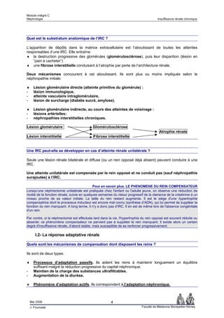 Module intégré C
Néphrologie                                                                              Insuffisance rénale chronique




Quel est le substratum anatomique de l’IRC ?

L’apparition de dépôts dans la matrice extracellulaire est l’aboutissant de toutes les atteintes
responsables d’une IRC. Elle entraîne:
♦ la destruction progressive des glomérules (glomérulosclérose), puis leur disparition (lésion en
    “pain à cacheter“)
♦ une fibrose interstitielle conduisant à l’atrophie par perte de l’architecture rénale.

Deux mécanismes concourent à cet aboutissant. Ils sont plus ou moins impliqués selon la
néphropathie initiale:

♦     Lésion glomérulaire directe (atteinte primitive du glomérule) :
-     lésion immunologique,
-     atteinte vasculaire intraglomérulaire,
-     lésion de surcharge (diabète sucré, amylose).

♦     Lésion glomérulaire indirecte, au cours des atteintes de voisinage :
-     lésions artérielles;
-     néphropathies interstitielles chroniques.

Lésion glomérulaire                          Glomérulosclérose
                                                                                          Atrophie rénale
Lésion interstitielle                        Fibrose interstitielle


Une IRC peut-elle se développer en cas d’atteinte rénale unilatérale ?

Seule une lésion rénale bilatérale et diffuse (ou un rein opposé déjà absent) peuvent conduire à une
IRC.

Une atteinte unilatérale est compensée par le rein opposé et ne conduit pas (sauf néphropathie
surajoutée) à l’IRC.

                                             Pour en savoir plus. LE PHENOMENE DU REIN COMPENSATEUR
Lorsqu’une néphrectomie unilatérale est pratiquée chez l'enfant ou l'adulte jeune, on observe une réduction de
moitié de la fonction rénale, suivie en quelques semaines du retour progressif de la clairance de la créatinine à un
niveau proche de sa valeur initiale. La taille du rein restant augmente. Il est le siège d'une hypertrophie
compensatrice dont le processus inducteur est encore mal connu (synthèse d’ADN), qui lui permet de suppléer la
fonction du rein manquant. A long terme, il n'y a donc pas d’IRC. Il en est de même lors de l'absence congénitale
d'un rein.

Par contre, si la néphrectomie est effectuée tard dans la vie, l'hypertrophie du rein opposé est souvent réduite ou
absente: ce phénomène compensateur ne parvient pas à suppléer le rein manquant. Il existe alors un certain
degré d'insuffisance rénale, d’abord stable, mais susceptible de se renforcer progressivement.

       I.2- La réponse adaptative rénale

Quels sont les mécanismes de compensation dont disposent les reins ?

Ils sont de deux types:

♦     Processus d’adaptation passifs. Ils aident les reins à maintenir longuement un équilibre
      suffisant malgré la réduction progressive du capital néphronique.
-     Maintien de la charge des substances ultrafiltrables.
-     Augmentation de la diurèse.

♦     Phénomène d’adaptation actifs. Ils correspondent à l’adaptation néphronique.



    Mai 2006                                             4
    J. Fourcade                                                               Faculté de Médecine Montpellier-Nîmes
 