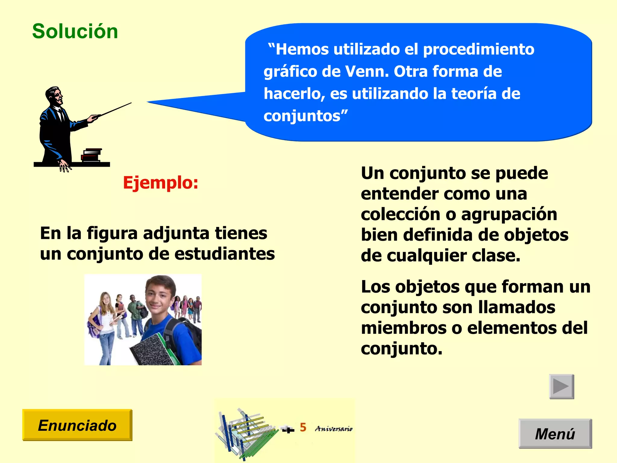 Solución Menú Enunciado “ Hemos utilizado el procedimiento gráfico de Venn. Otra forma de hacerlo, es utilizando la teoría de conjuntos” Un conjunto se puede entender como una colección o agrupación bien definida de objetos de cualquier clase.  Los objetos que forman un conjunto son llamados miembros o elementos del conjunto.  Ejemplo: En la figura adjunta tienes un conjunto de estudiantes 