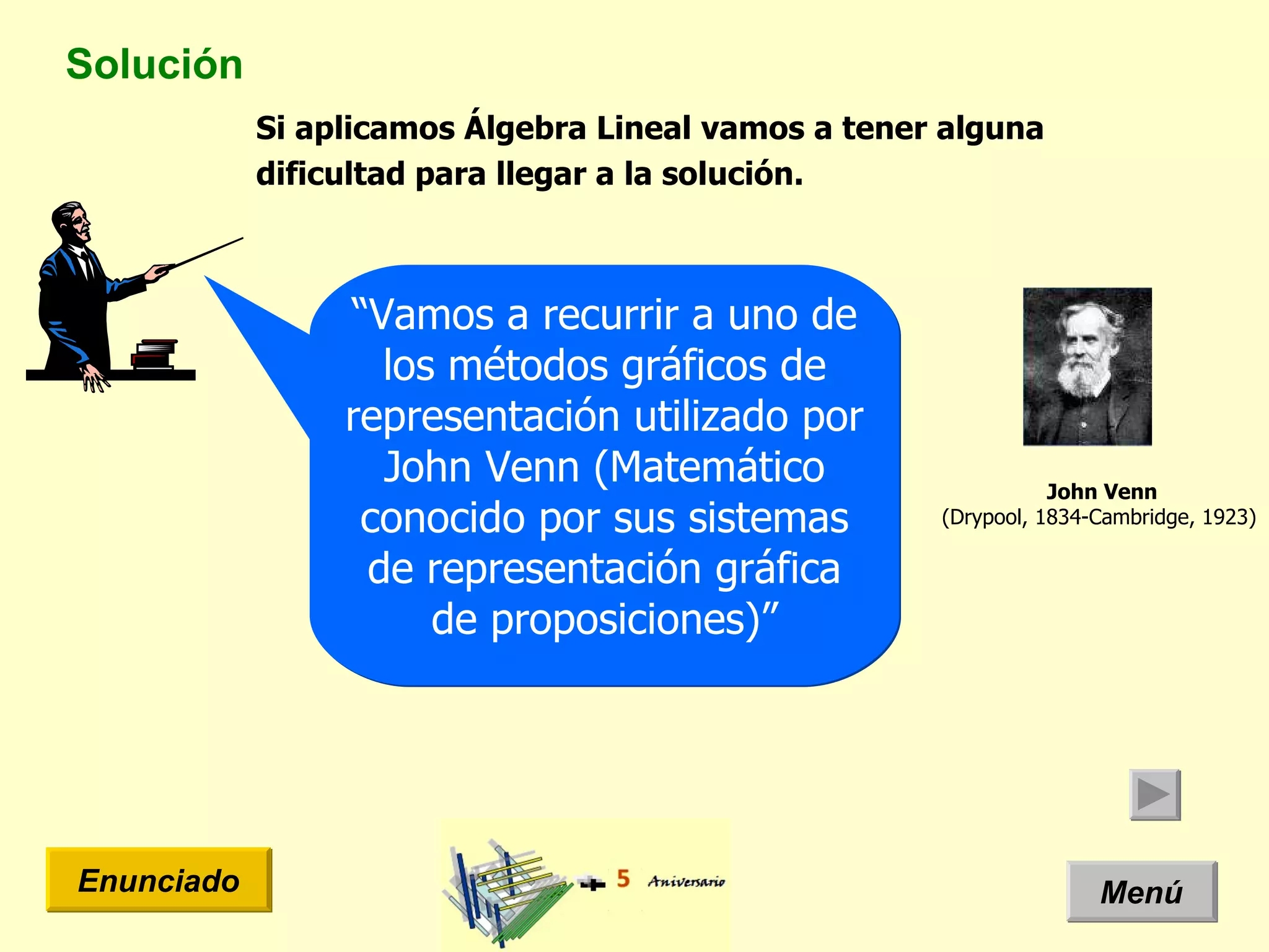 Solución Menú Enunciado “ Vamos a recurrir a uno de los métodos gráficos de representación utilizado por John Venn (Matemático conocido por sus sistemas de representación gráfica de proposiciones)” Si aplicamos Álgebra Lineal vamos a tener alguna dificultad para llegar a la solución.  John Venn (Drypool, 1834-Cambridge, 1923) 