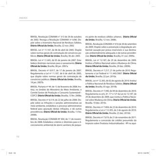 ANEXOS




                           BRASIL. Resolução CONAMA n° 313 de 29 de outubro            no porte de resíduos sólidos urbanos. Diário Oficial
                           de 2002. Revoga a Resolução CONAMA nº 6/88. Dis-            da União, Brasília, 12 nov. 2008c.
                           põe sobre o Inventário Nacional de Resíduos Sólidos.
                                                                                       BRASIL. Resolução CONAMA nº 416 de 30 de setembro
                           Diário Oficial da União, Brasília, 22 nov. 2002
                                                                                       de 2009. Dispõe sobre a prevenção à degradação am-
                           BRASIL. Lei nº 11.107, de 06 de abril de 2005. Dispõe       biental causada por pneus inservíveis e sua destina-
                           sobre normas gerais de contratação de consórcios pú-        ção ambientalmente adequada, e dá outras providên-
                           blicos. Diário Oficial da União, Brasília, 06 abr. 2005.    cias. Diário Oficial da União, Brasília, 01 out. 2009a.
                           BRASIL. Lei nº 11.445, de 05 de janeiro de 2007. Esta-      BRASIL. Lei nº 12.187, de 29 de dezembro de 2009.
                           belece diretrizes nacionais para o saneamento. Diário       Institui a Política Nacional sobre a Mudança do Clima.
                           Oficial da União, Brasília, 08 jan. 2007a.                  Diário Oficial da União, Brasília, 29 dez. 2009b.
                           BRASIL. Decreto nº 6.017, de 17 de janeiro de 2007.         BRASIL. Decreto nº 7.217, 21 de junho de 2010. Regu-
                           Regulamenta a Lei nº 11.107, de 6 de abril de 2005,         lamenta a Lei Federal n.º 11.445/2007. Diário Oficial
                           que dispõe sobre normas gerais de contratação de            da União, Brasília, 22 jun. 2010a.
                           consórcios públicos. Diário Oficial da União, Brasília,
                                                                                       BRASIL. Lei nº 12.305, de 02 de agosto de 2010. Institui
                           18 jan. 2007b.
                                                                                       a Política Nacional de Resíduos Sólidos. Diário Oficial
                           BRASIL. Portaria nº 44, de 13 de fevereiro de 2008. Ins-    da União, Brasília, 03 ago. 2010b.
                           titui, no âmbito do Ministério do Meio Ambiente, o
                                                                                       BRASIL. Decreto nº 7.390, de 09 de dezembro de 2010.
                           Comitê Gestor de Produção e Consumo Sustentável -
                                                                                       Regulamenta os arts. 6º, 11º e 12º da Lei no 12.187, de
                           CGPCS. Diário Oficial da União, Brasília, 13 fev. 2008a.
                                                                                       29 de dezembro de 2009, que institui a Política Nacio-
                           BRASIL. Decreto nº 6.514, de 22 de julho de 2008. Dis-      nal sobre Mudança do Clima. Diário Oficial da União,
                           põe sobre as infrações e sanções administrativas ao         Brasília, 10 dez. 2010c.
                           meio ambiente, estabelece o processo administrativo
                                                                                       BRASIL. Decreto nº 7.404, de 23 de dezembro de 2010.
                           federal para apuração destas infrações, e dá outras
                                                                                       Regulamenta a Lei n.º 12.305, de 2 de agosto de 2010.
                           providências. Diário Oficial da União, Brasília, 13 fev.
                                                                                       Diário Oficial da União, Brasília, 23 dez. 2010d.
                           2008b.
                                                                                       BRASIL. Decreto nº 7.619, de 21 de novembro de 2011.
                           BRASIL. Resolução CONAMA Nº 404, de 11 de novem-
                                                                                       Regulamenta a concessão de crédito presumido do
                           bro de 2008. Estabelece critérios e diretrizes para o li-
                                                                                       Imposto sobre Produtos Industrializados - IPI na aqui-
                           cenciamento ambiental de aterro sanitário de peque-




            132




ICLEI 132                                                                                                                                         3/21/12 5:04 PM
 