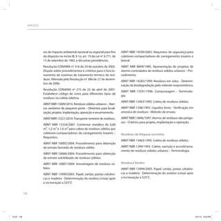 ANEXOS




                           res de impacto ambiental nacional ou regional para fins        ABNT NBR 14599/2003. Requisitos de segurança para
                           do disposto no inciso III, § 1o, art. 19 da Lei nº 4.771, de   coletores-compactadores de carregamento traseiro e
                           15 de setembro de 1965, e dá outras providências.              lateral.
                           Resolução CONAMA nº 316 de 29 de outubro de 2002.              ABNT NBR 8849/1985. Apresentação de projetos de
                           Dispõe sobre procedimentos e critérios para o funcio-          aterros controlados de resíduos sólidos urbanos – Pro-
                           namento de sistemas de tratamento térmico de resí-             cedimento.
                           duos. Alterada pela Resolução nº 386 de 27 de dezem-
                                                                                          ABNT NBR 14283/1999. Resíduos em solos - Determi-
                           bro de 2006.
                                                                                          nação da biodegradação pelo método respirométrico.
                           Resolução CONAMA nº 275 de 25 de abril de 2001.
                                                                                          ABNT NBR 13591/1996. Compostagem – Terminolo-
                           Estabelece código de cores para diferentes tipos de
                                                                                          gia.
                           resíduos na coleta seletiva.
                                                                                          ABNT NBR 13463/1995. Coleta de resíduos sólidos.
                           ABNT NBR 15849/2010. Resíduos sólidos urbanos – Ater-
                           ros sanitários de pequeno porte – Diretrizes para locali-      ABNT NBR 1298/1993. Líquidos livres - Verificação em
                           zação, projeto, implantação, operação e encerramento.          amostra de resíduos - Método de ensaio.

                           ABNT NBR 13221/2010. Transporte terrestre de resíduos.         ABNT NBR 13896/1997. Aterros de resíduos não perigo-
                                                                                          sos - Critérios para projeto, implantação e operação.
                           ABNT NBR 13334/2007. Contentor metálico de 0,80
                           m³, 1,2 m³ e 1,6 m³ para coleta de resíduos sólidos por
                           coletores-compactadores de carregamento traseiro –             Resíduos de limpeza corretiva
                           Requisitos.
                                                                                          ABNT NBR 13463/1995. Coleta de resíduos sólidos.
                           ABNT NBR 10005/2004. Procedimento para obtenção
                           de extrato lixiviado de resíduos sólido.                       ABNT NBR 1299/1993. Coleta, varrição e acondiciona-
                                                                                          mento de resíduos sólidos urbanos – Terminologia.
                           ABNT NBR 10006/2004. Procedimento para obtenção
                           de extrato solubilizado de resíduos sólidos.
                           ABNT NBR 10007/2004. Amostragem de resíduos só-                Resíduos Verdes
                           lidos.                                                         ABNT NBR 13999/2003. Papel, cartão, pastas celulósi-
                           ABNT NBR 13999/2003. Papel, cartão, pastas celulósi-           cas e madeira - Determinação do resíduo (cinza) após
                           cas e madeira - Determinação do resíduo (cinza) após           a incineração a 525°C.
                           a incineração a 525°C.


            136




ICLEI 136                                                                                                                                          3/21/12 5:04 PM
 