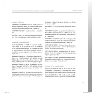 PLANOS DE GESTÃO DE RESÍDUOS SÓLIDOS: MANUAL DE ORIENTAÇÃO                                                        SRHU/MMA e ICLEI-Brasil




            Resíduos Volumosos                                            Resoluções 348, de 16 de agosto de 2004, e nº 431, de
                                                                          24 de maio de 2011.
            ABNT NBR 15112/2004. Resíduos da construção civil e
            resíduos volumosos - Áreas de transbordo e triagem -          ABNT NBR 13221/2010. Transporte terrestre de resídu-
            Diretrizes para projeto, implantação e operação.              os.
            ABNT NBR 10004/2004. Resíduos sólidos – Classifica-           ABNT NBR 15116/2004. Agregados reciclados de resí-
            ção.                                                          duos sólidos da construção civil - Utilização em pavi-
                                                                          mentação e preparo de concreto sem função estrutu-
            ABNT NBR 13896/1997. Aterros de resíduos não perigo-
                                                                          ral – Requisitos.
            sos - Critérios para projeto, implantação e operação.
                                                                          ABNT NBR 15112/2004. Resíduos da construção civil e
                                                                          resíduos volumosos - Áreas de transbordo e triagem -
            Resíduo de Construção Civil                                   Diretrizes para projeto, implantação e operação.
            Resolução CONAMA no 448 de 18 de janeiro de 2012.             ABNT NBR 15113/2004. Resíduos sólidos da constru-
            Altera os arts. 2º, 4º, 5º, 6º, 8º, 9º, 10, 11 da Resolução   ção civil e resíduos inertes - Aterros - Diretrizes para
            nº 307, de 5 de julho de 2002, do Conselho Nacional           projeto, implantação e operação.
            do Meio Ambiente - CONAMA, alterando critérios e
                                                                          ABNT NBR 15114/2004. Resíduos sólidos da Constru-
            procedimentos para a gestão dos resíduos da cons-
                                                                          ção civil - Áreas de reciclagem - Diretrizes para projeto,
            trução civil.
                                                                          implantação e operação.
            Resolução CONAMA nº 431 de 24 de maio de 2011.
                                                                          ABNT NBR 15115/2004. Agregados reciclados de resí-
            Altera o art. 3º da Resolução nº 307, de 05 de julho de
                                                                          duos sólidos da construção civil - Execução de cama-
            2002, do Conselho Nacional do Meio Ambiente - CO-
                                                                          das de pavimentação – Procedimentos.
            NAMA, estabelecendo nova classificação para o gesso.
            Resolução CONAMA nº 348 de 16 de agosto de 2004.
            Altera a Resolução CONAMA nº 307, de 05 de julho de           Resíduos de Serviços de Saúde
            2002, incluindo o amianto na classe de resíduos peri-
                                                                          Resolução CONAMA nº 358 de 29 de abril de 2005.
            gosos.
                                                                          Dispõe sobre o tratamento e a disposição final dos re-
            Resolução CONAMA nº 307 de 05 de julho de 2002.               síduos dos serviços de saúde e dá outras providências.
            Estabelece diretrizes, critérios e procedimentos para a
                                                                          Resolução CONAMA nº 330 de 25 de abril de 2003.
            gestão dos resíduos da construção civil. Alterada pelas
                                                                          Institui a Câmara Técnica de Saúde, Saneamento Am-



                                                                                                                                                    137




ICLEI 137                                                                                                                                               3/21/12 5:04 PM
 