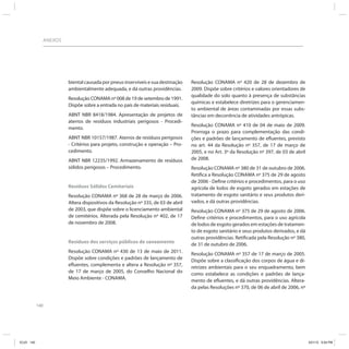 ANEXOS




                           biental causada por pneus inservíveis e sua destinação    Resolução CONAMA nº 420 de 28 de dezembro de
                           ambientalmente adequada, e dá outras providências.        2009. Dispõe sobre critérios e valores orientadores de
                                                                                     qualidade do solo quanto à presença de substâncias
                           Resolução CONAMA nº 008 de 19 de setembro de 1991.
                                                                                     químicas e estabelece diretrizes para o gerenciamen-
                           Dispõe sobre a entrada no país de materiais residuais.
                                                                                     to ambiental de áreas contaminadas por essas subs-
                           ABNT NBR 8418/1984. Apresentação de projetos de           tâncias em decorrência de atividades antrópicas.
                           aterros de resíduos industriais perigosos - Procedi-
                                                                                     Resolução CONAMA nº 410 de 04 de maio de 2009.
                           mento.
                                                                                     Prorroga o prazo para complementação das condi-
                           ABNT NBR 10157/1987. Aterros de resíduos perigosos        ções e padrões de lançamento de efluentes, previsto
                           - Critérios para projeto, construção e operação – Pro-    no art. 44 da Resolução nº 357, de 17 de março de
                           cedimento.                                                2005, e no Art. 3º da Resolução nº 397, de 03 de abril
                           ABNT NBR 12235/1992. Armazenamento de resíduos            de 2008.
                           sólidos perigosos – Procedimento.                         Resolução CONAMA nº 380 de 31 de outubro de 2006.
                                                                                     Retifica a Resolução CONAMA nº 375 de 29 de agosto
                                                                                     de 2006 - Define critérios e procedimentos, para o uso
                           Resíduos Sólidos Cemiteriais                              agrícola de lodos de esgoto gerados em estações de
                           Resolução CONAMA nº 368 de 28 de março de 2006.           tratamento de esgoto sanitário e seus produtos deri-
                           Altera dispositivos da Resolução nº 335, de 03 de abril   vados, e dá outras providências.
                           de 2003, que dispõe sobre o licenciamento ambiental       Resolução CONAMA nº 375 de 29 de agosto de 2006.
                           de cemitérios. Alterada pela Resolução nº 402, de 17      Define critérios e procedimentos, para o uso agrícola
                           de novembro de 2008.                                      de lodos de esgoto gerados em estações de tratamen-
                                                                                     to de esgoto sanitário e seus produtos derivados, e dá
                                                                                     outras providências. Retificada pela Resolução nº 380,
                           Resíduos dos serviços públicos de saneamento              de 31 de outubro de 2006.
                           Resolução CONAMA nº 430 de 13 de maio de 2011.            Resolução CONAMA nº 357 de 17 de março de 2005.
                           Dispõe sobre condições e padrões de lançamento de         Dispõe sobre a classificação dos corpos de água e di-
                           efluentes, complementa e altera a Resolução nº 357,       retrizes ambientais para o seu enquadramento, bem
                           de 17 de março de 2005, do Conselho Nacional do           como estabelece as condições e padrões de lança-
                           Meio Ambiente - CONAMA.                                   mento de efluentes, e dá outras providências. Altera-
                                                                                     da pelas Resoluções nº 370, de 06 de abril de 2006, nº


            140




ICLEI 140                                                                                                                                     3/21/12 5:04 PM
 